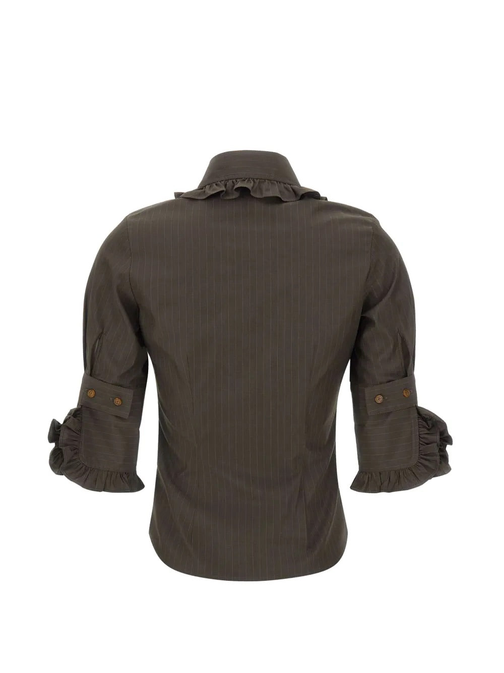 SS Toulouse Frill Shirt in Dark Khaki by Vivienne Westwood, back view of fitted dark khaki pinstripe shirt with frill collar and three-quarter sleeves with frill cuffs, Spring/Summer 2026