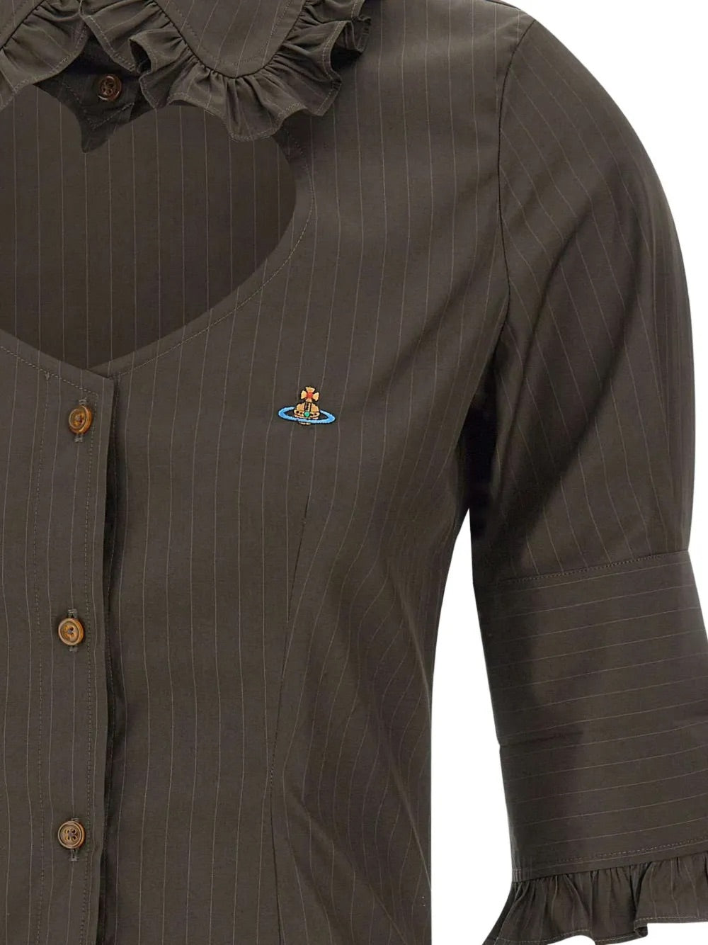 SS Toulouse Frill Shirt in Dark Khaki by Vivienne Westwood, closeup of ruffled frill collar, sweetheart neckline and signature Orb logo embroidery on dark khaki pinstripe cotton, Spring/Summer 2026