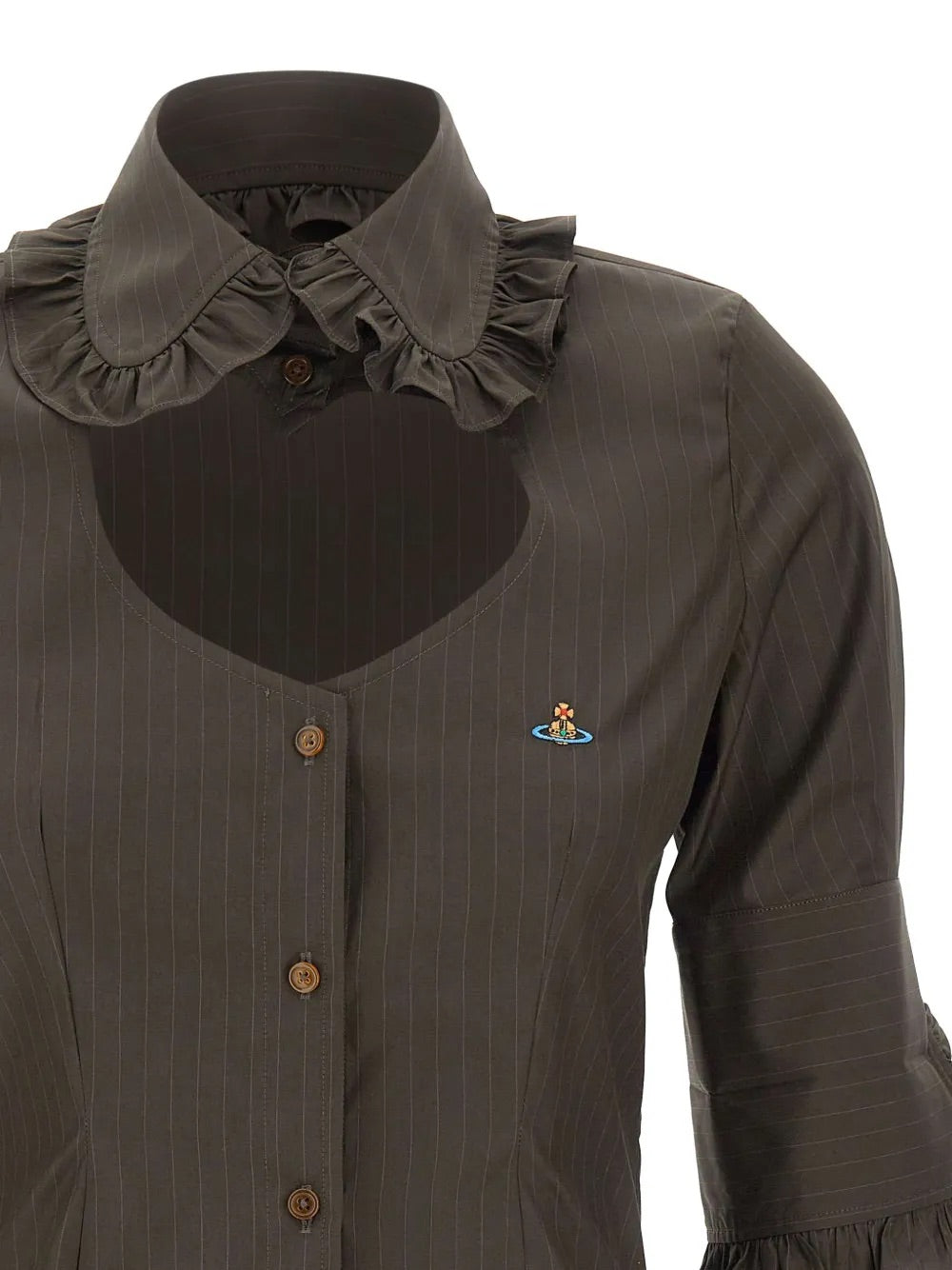 SS Toulouse Frill Shirt in Dark Khaki by Vivienne Westwood, closeup of sweetheart neckline and frill collar detail with Orb embroidery, fitted button-front silhouette in dark khaki pinstripe, Spring/Summer 2026