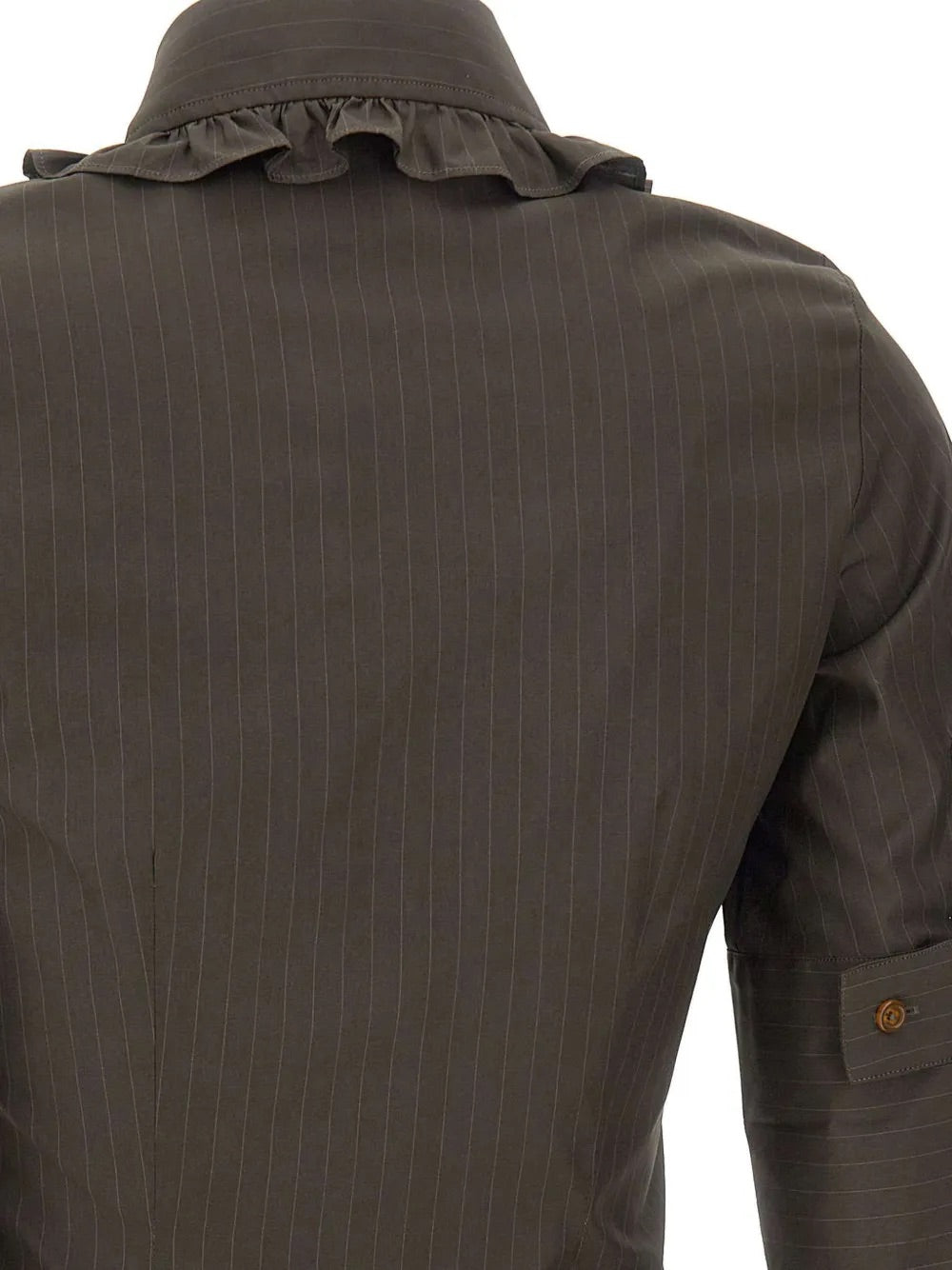 SS Toulouse Frill Shirt in Dark Khaki by Vivienne Westwood, back closeup of ruffled frill collar on dark khaki pinstripe cotton shirt, Spring/Summer 2026