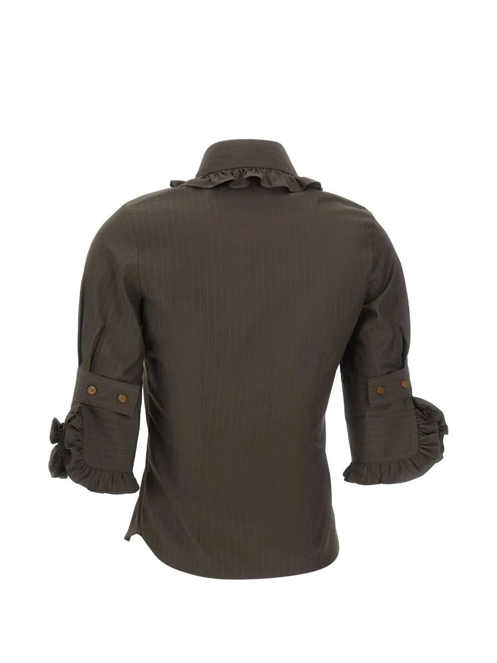 SS Toulouse Frill Shirt in Dark Khaki by Vivienne Westwood, full back view of fitted dark khaki pinstripe shirt with frill collar and matching frill cuffs, three-quarter sleeves, Spring/Summer 2026