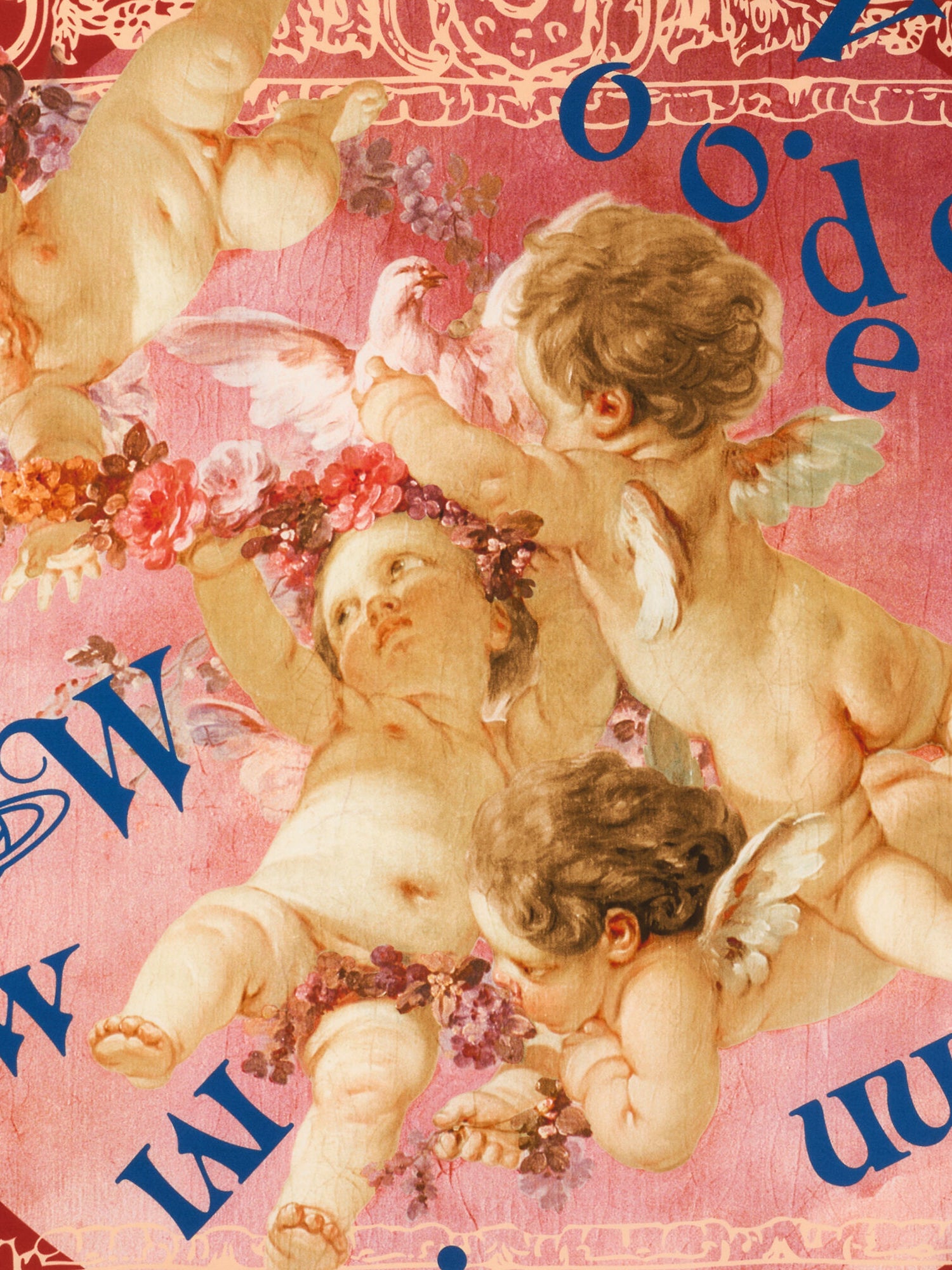 Close-up of Vivienne Westwood Spring Cherub Square in pink showing Rococo cherub artwork, scattered blue lettering and ornate border motif