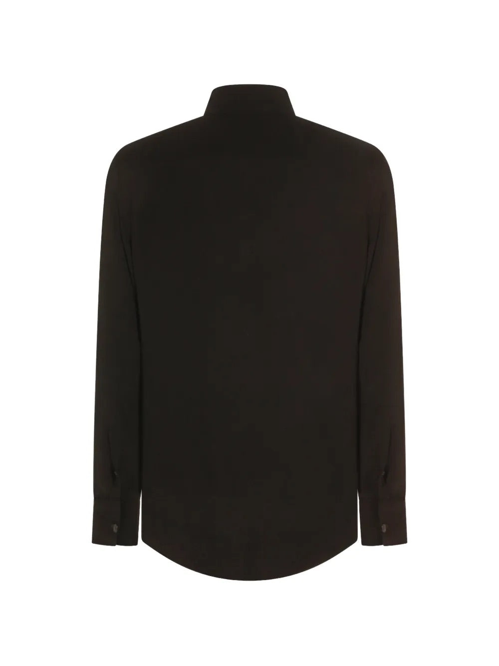 Square Shirt in Black by Vivienne Westwood, front view highlighting draped panel detail and structured stand collar on fluid black viscose shirt, buttoned cuffs and elongated relaxed silhouette, Spring/Summer 2026