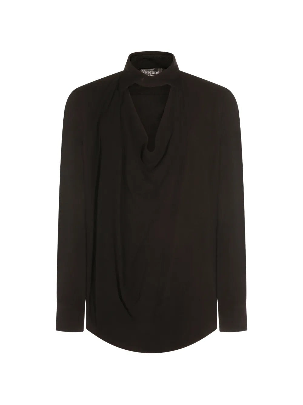 Square Shirt in Black by Vivienne Westwood, front view of relaxed-fit black viscose shirt with structured stand collar, softly draped front panel and long sleeves with buttoned cuffs, Spring/Summer 2026