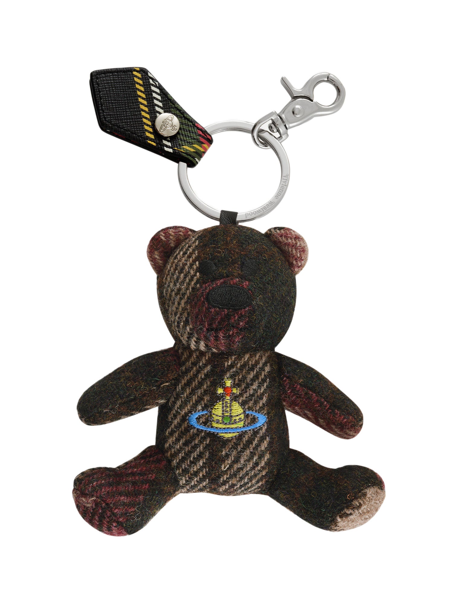 Teddy bear keychain with a embroidered orb brand logo on a white background