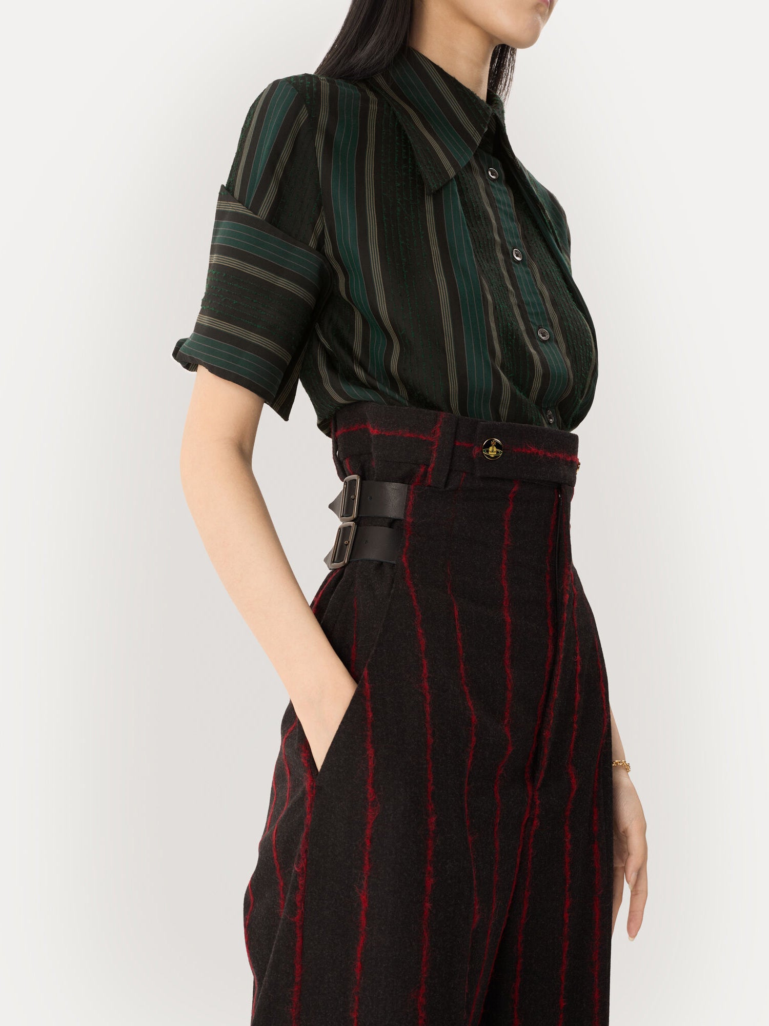 Vivienne Westwood Waisted Lauren Trousers in charcoal red stripe styled with shirt, showing high-rise waist straps and side pocket