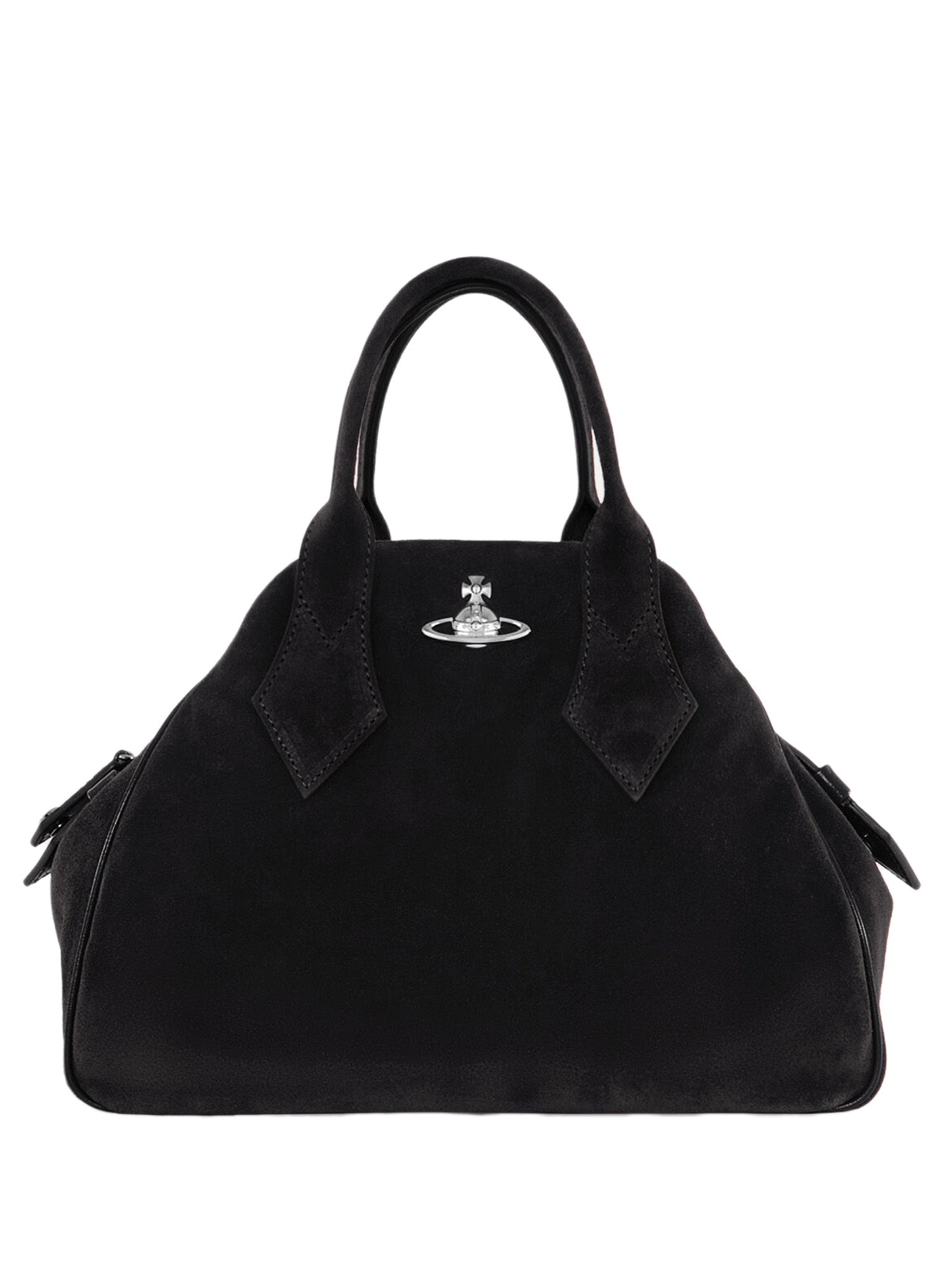 Black handbag with a visible brand logo from Vivienne Westwood on a white background