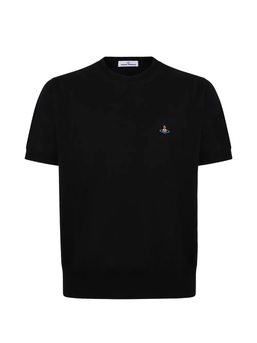 Alex T-Shirt in Black by Vivienne Westwood, front view of relaxed-fit black cotton crew neck t-shirt with short sleeves and multicolour Orb logo embroidery at chest, Spring/Summer 2026