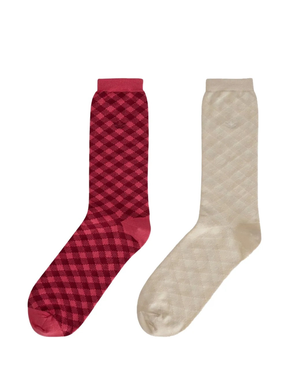 Wales Bonner x Adidas Check Socks in Craft Pink Core Brown two-pack featuring craft pink burgundy check and tonal cream check crew socks with ribbed cuff – Wales Bonner x Adidas SS26
