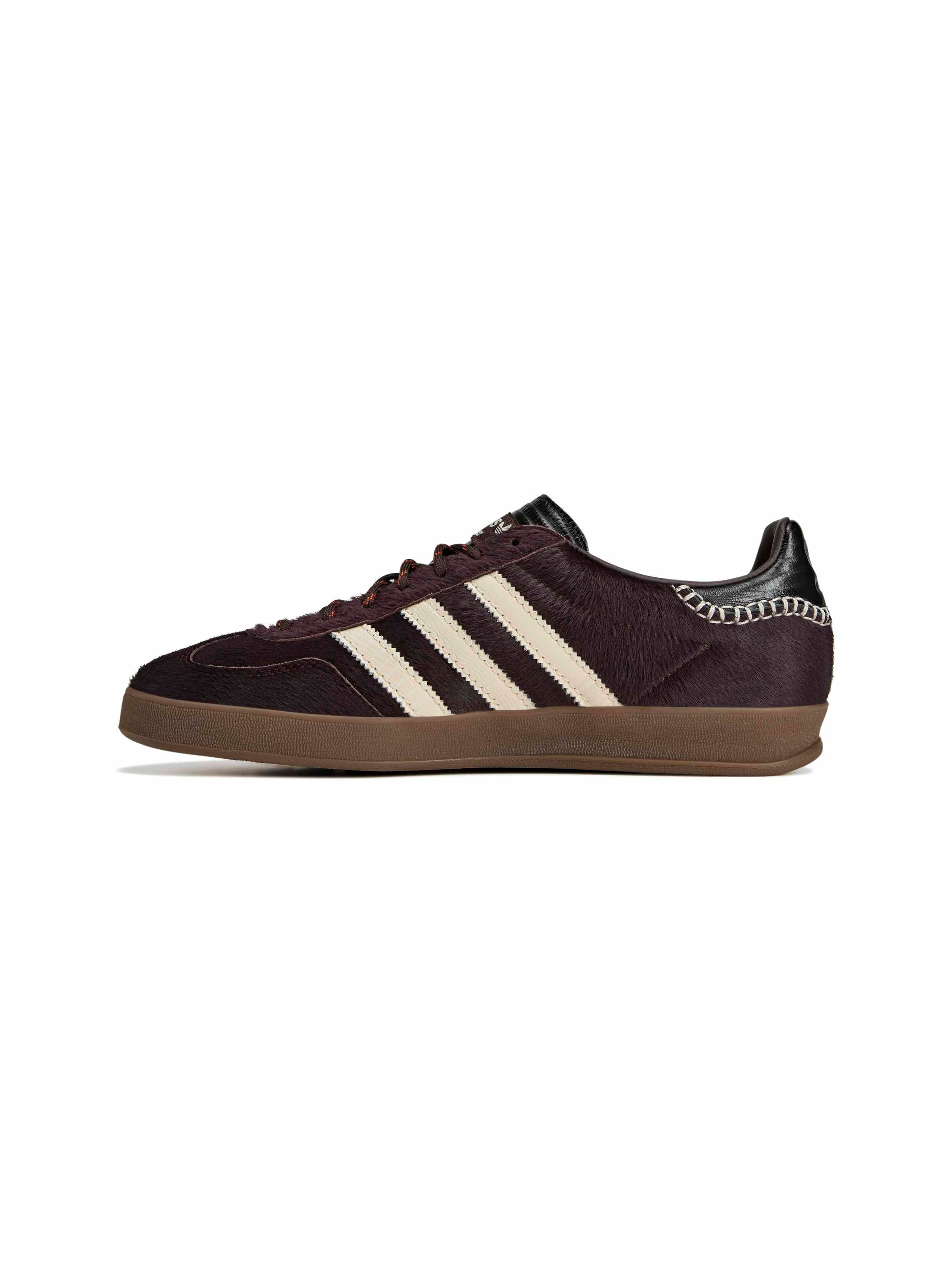 Wales Bonner x Adidas Gazelle Pony in Aluminum Wonder White Core Black deep brown pony hair sneaker with cream three-stripe detail and gum rubber outsole, diagonal side view – Wales Bonner x Adidas SS26
