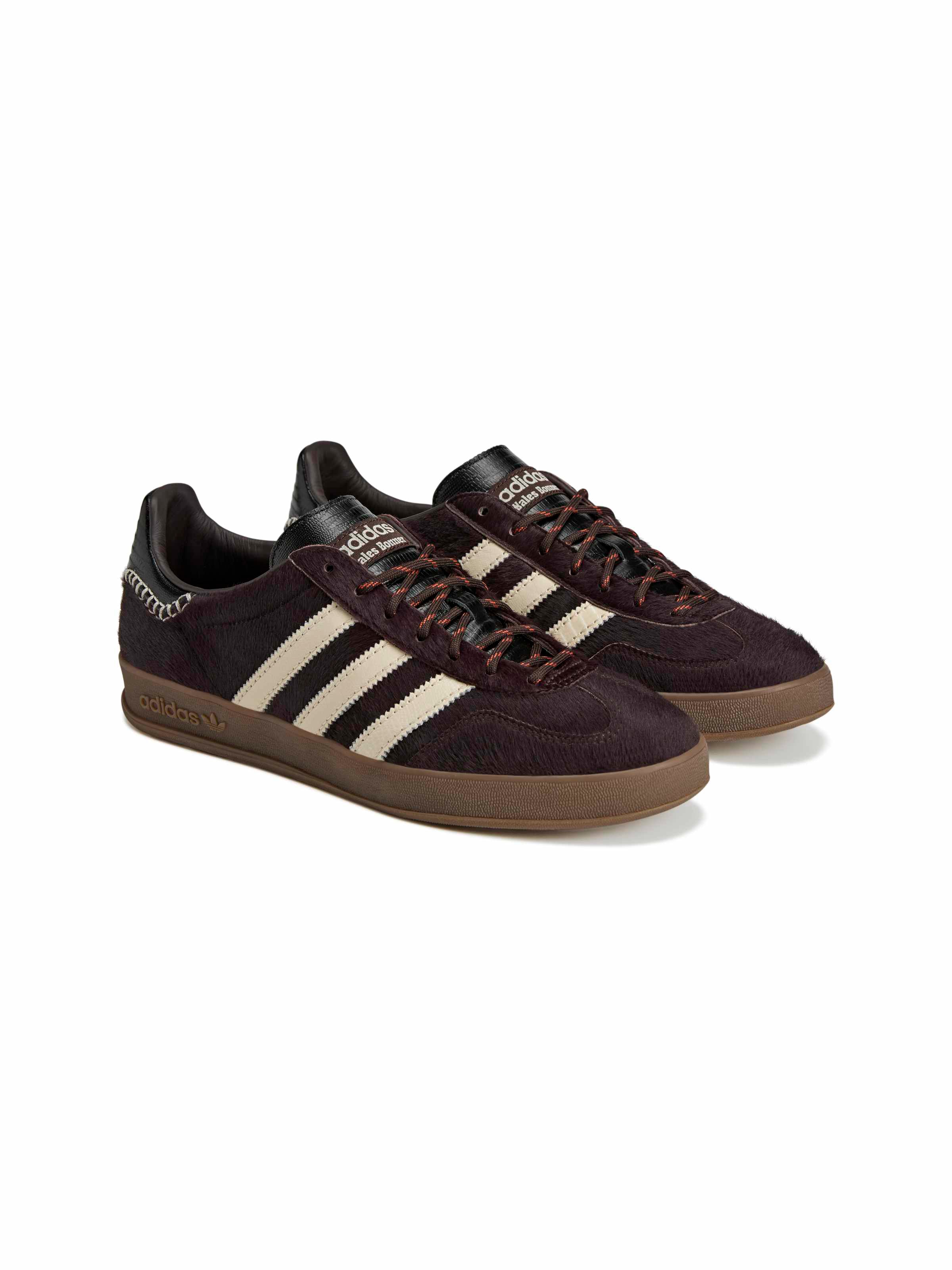 Wales Bonner x Adidas Gazelle Pony in Aluminum Wonder White Core Black deep brown pony hair sneaker with cream three-stripe detail and croc-embossed trim, diagonal side view – Wales Bonner x Adidas SS26