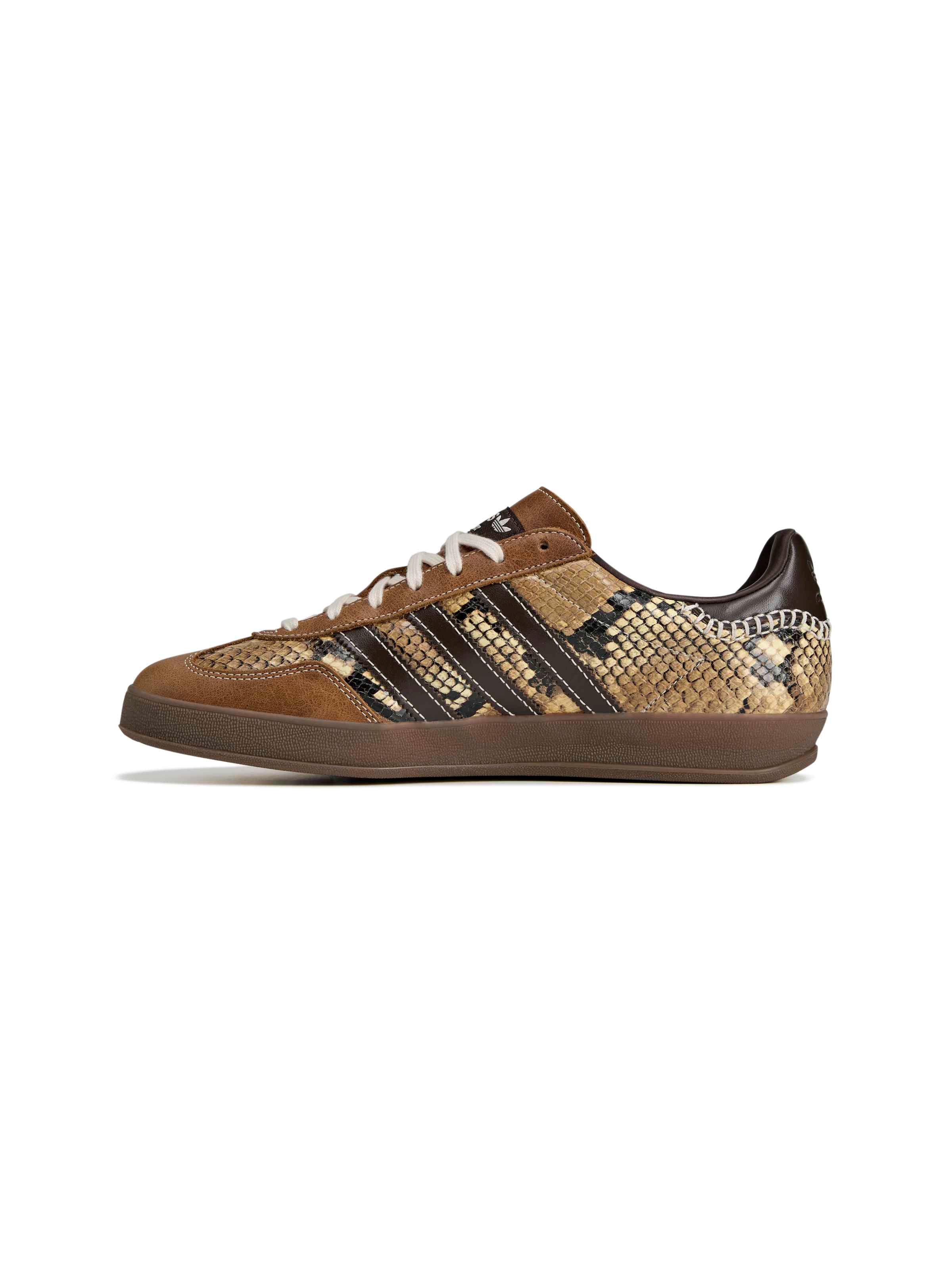 Wales Bonner x Adidas Gazelle Snake in Dust Rust Wonder White Collegiate Burgundy rust snake-embossed leather sneaker with burgundy three-stripe detail, diagonal side view – Wales Bonner x Adidas SS26