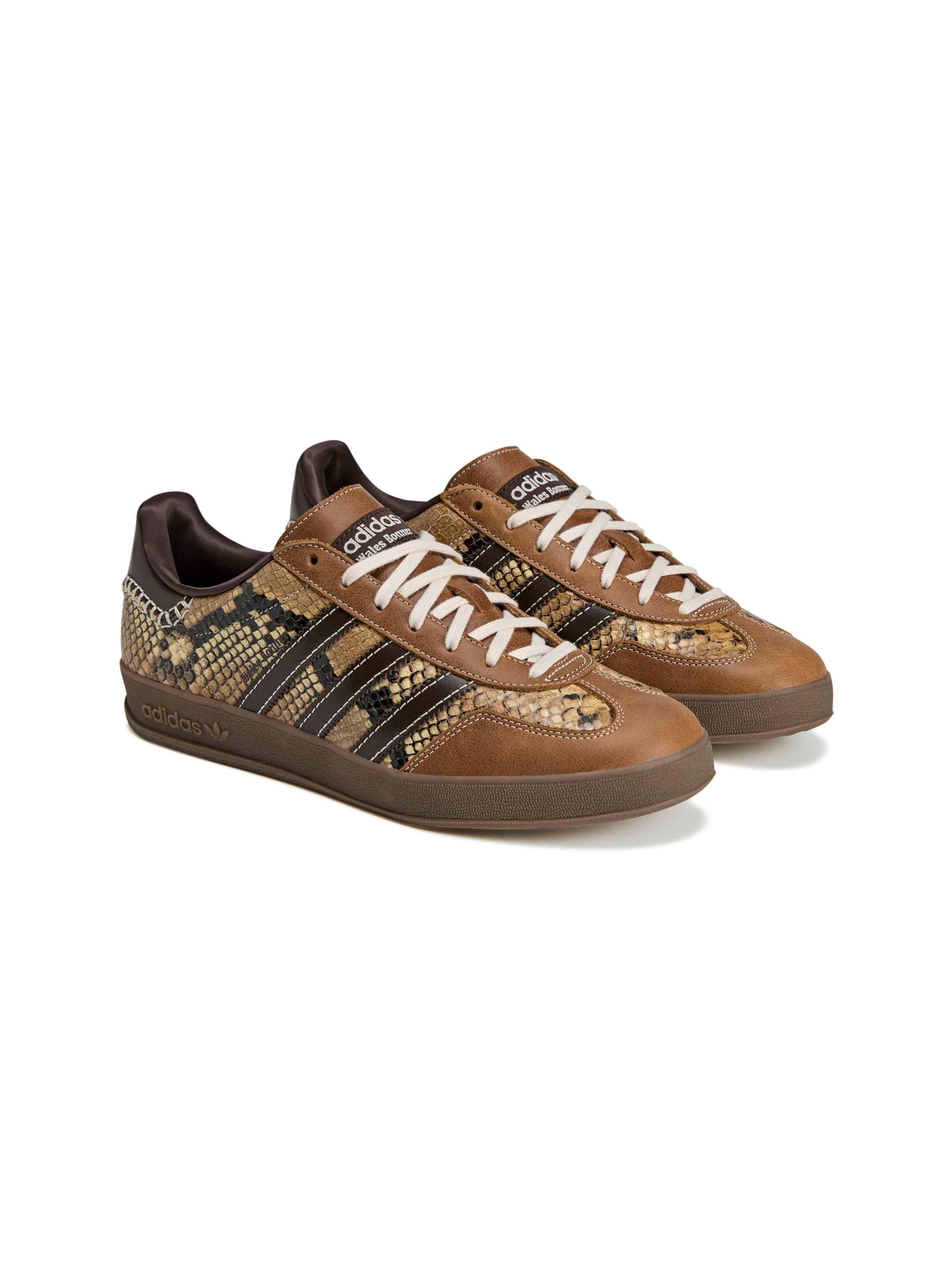 Wales Bonner x Adidas Gazelle Snake in Dust Rust Wonder White Collegiate Burgundy rust snake-embossed leather sneaker with three-stripe detail and rubber outsole, diagonal side view – Wales Bonner x Adidas SS26