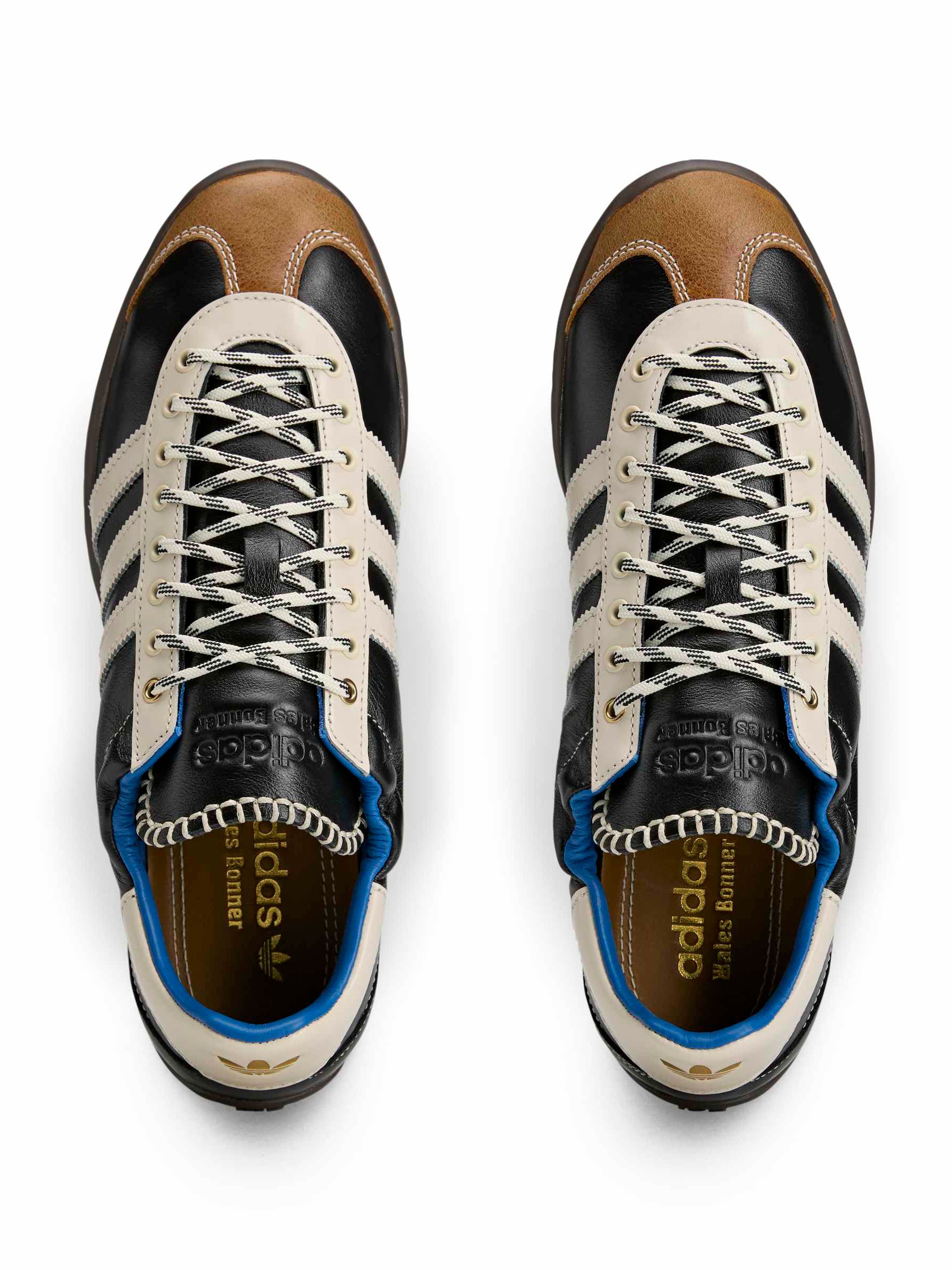 Wales Bonner x Adidas Karintha OG in Core Black Wonder White Lush Blue black leather sneaker with co-branded insole and gold-tone eyelets, top view – Wales Bonner x Adidas SS26
