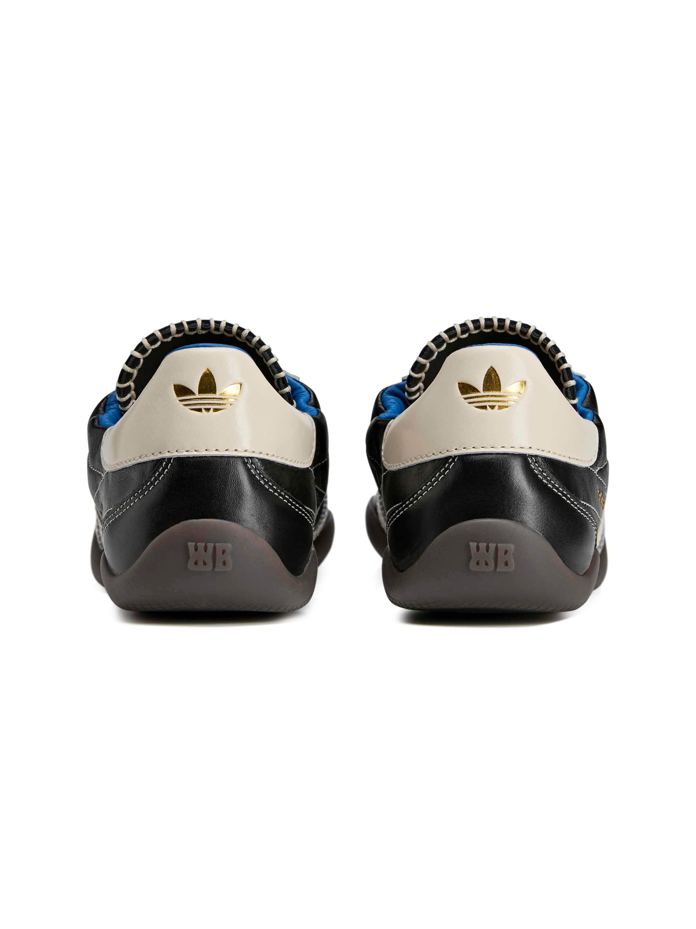 Wales Bonner x Adidas Karintha OG in Core Black Wonder White Lush Blue black leather sneaker with lush blue heel detail, back view – Wales Bonner x Adidas SS26