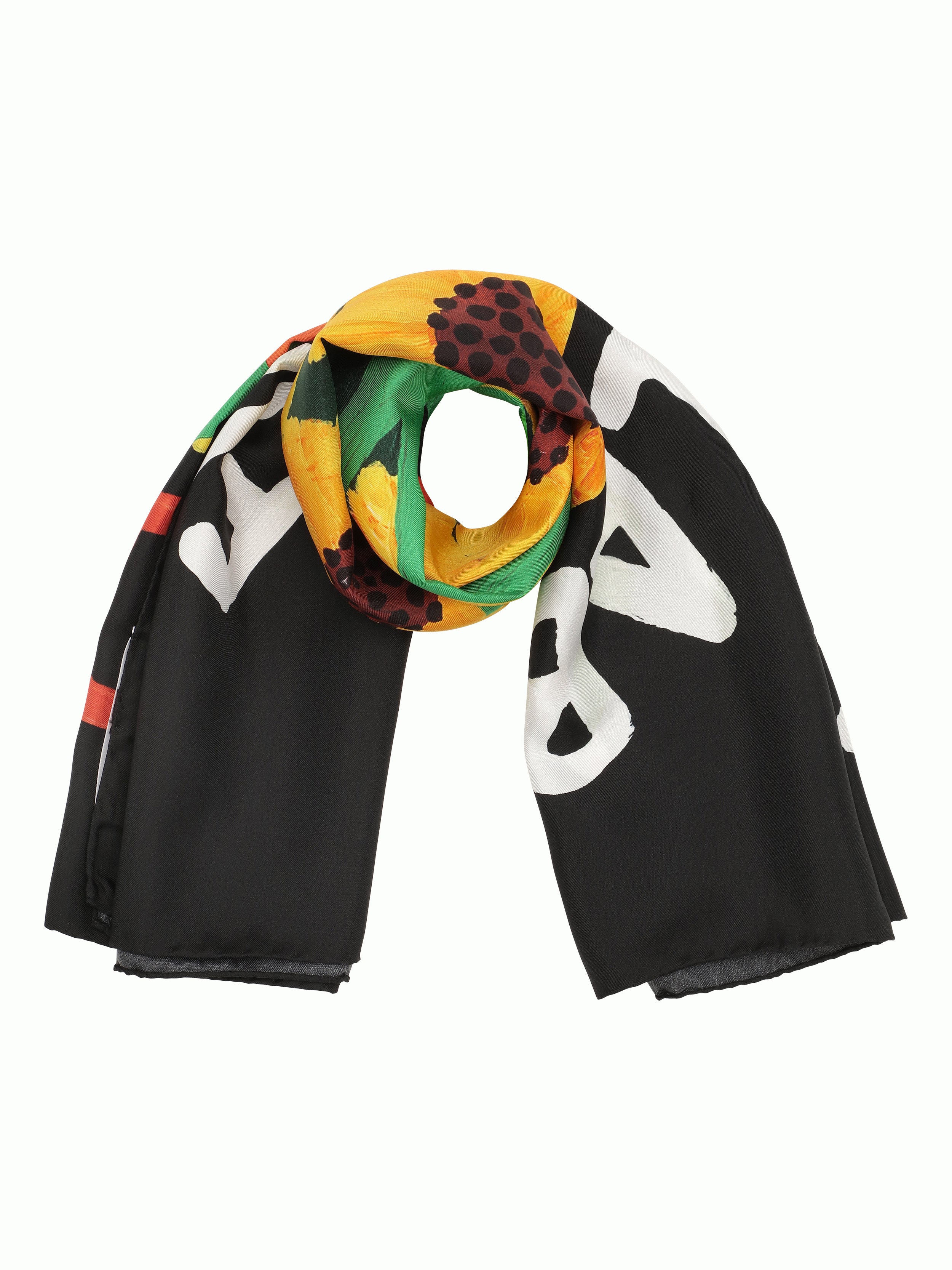 Black scarf with sunflower illustration from Walter Van Beirendonck.