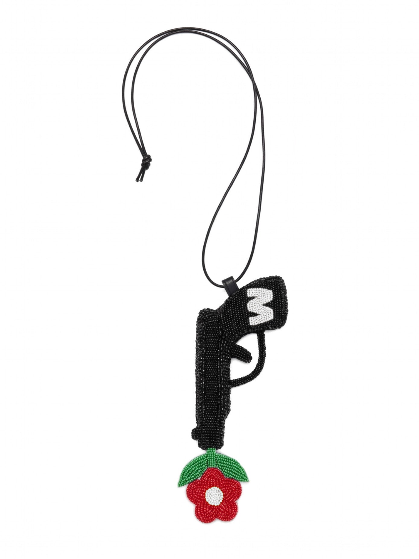 Walter Van Beirendonck Peace Gun Jewel in black, hand-beaded black gun pendant with white W monogram and red flower with green leaves at barrel, on adjustable black cord