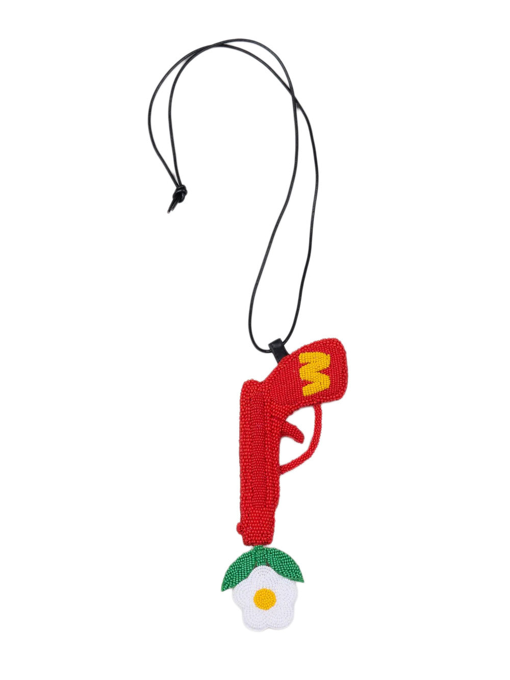 Walter Van Beirendonck Peace Gun Jewel in flame scarlet, hand-beaded red gun pendant with yellow flame and white flower at barrel, on adjustable black cord