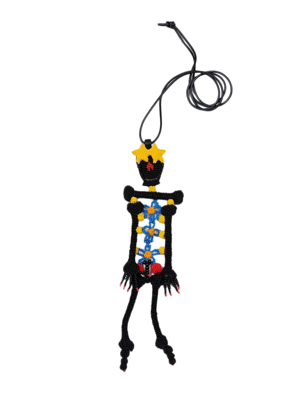 Walter Van Beirendonck Skeleton Jewel in black, hand-beaded skeleton pendant with yellow star crown, blue floral spine, red heart and pink fingertip details on adjustable black cord