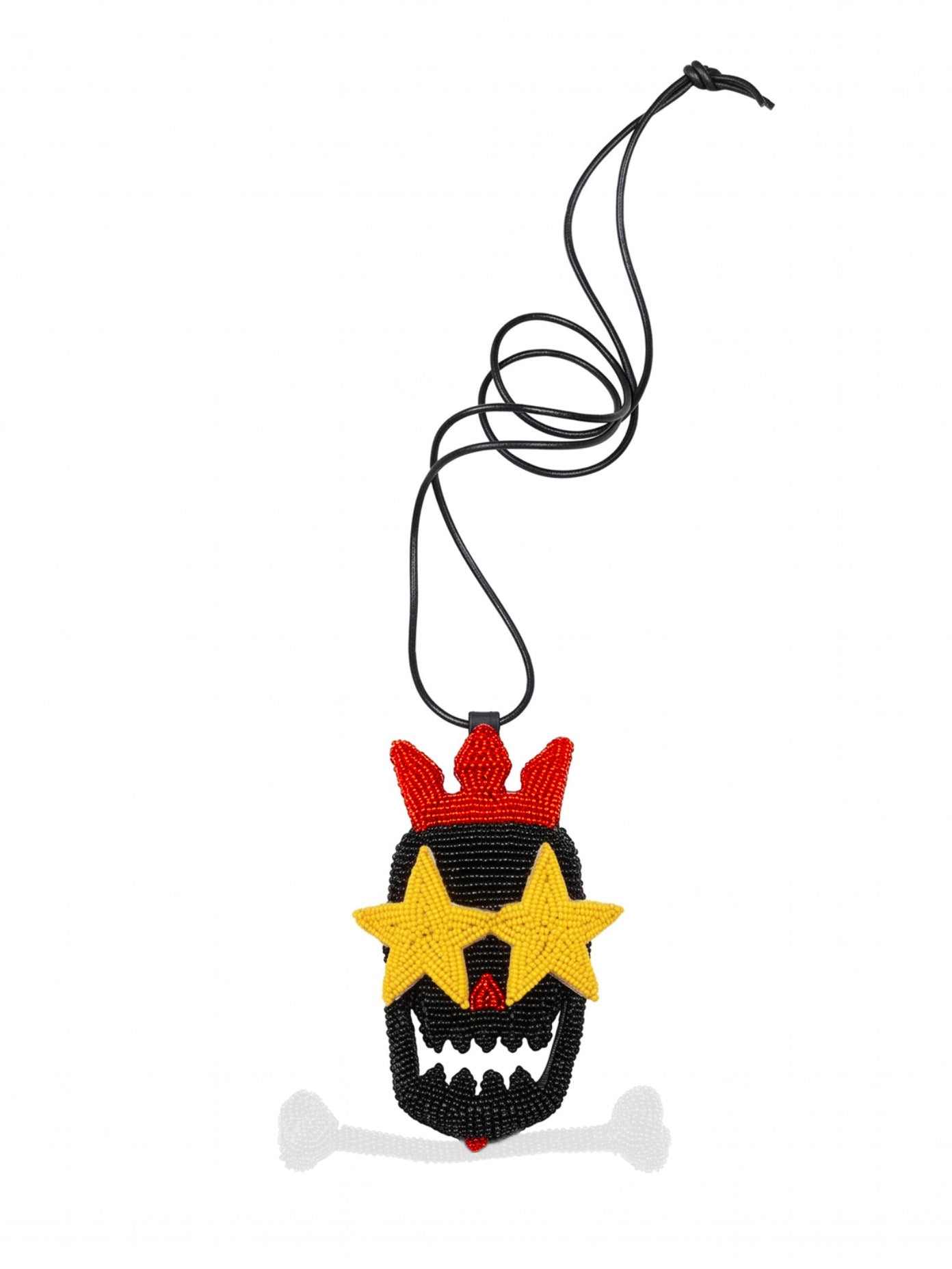 Walter Van Beirendonck Skull Jewel in black, hand-beaded black skull pendant with red crown, yellow star eyes and white crossbones, on adjustable black cord