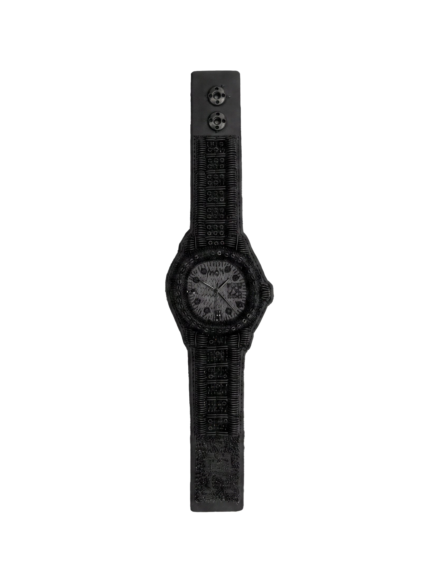 Walter Van Beirendonck W-Bracelet Classic Comb I in Black, tonal all-black embroidered watch motif bracelet, glass bead hour markers, textured woven strap, embossed graphic base panel, press-stud fastening