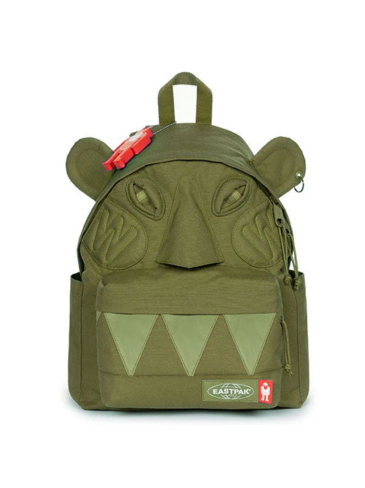 Walter Van Beirendonck x Eastpak Walter Pak'r backpack in khaki with sculptural Monster face, reflective teeth and red Walterman charm.