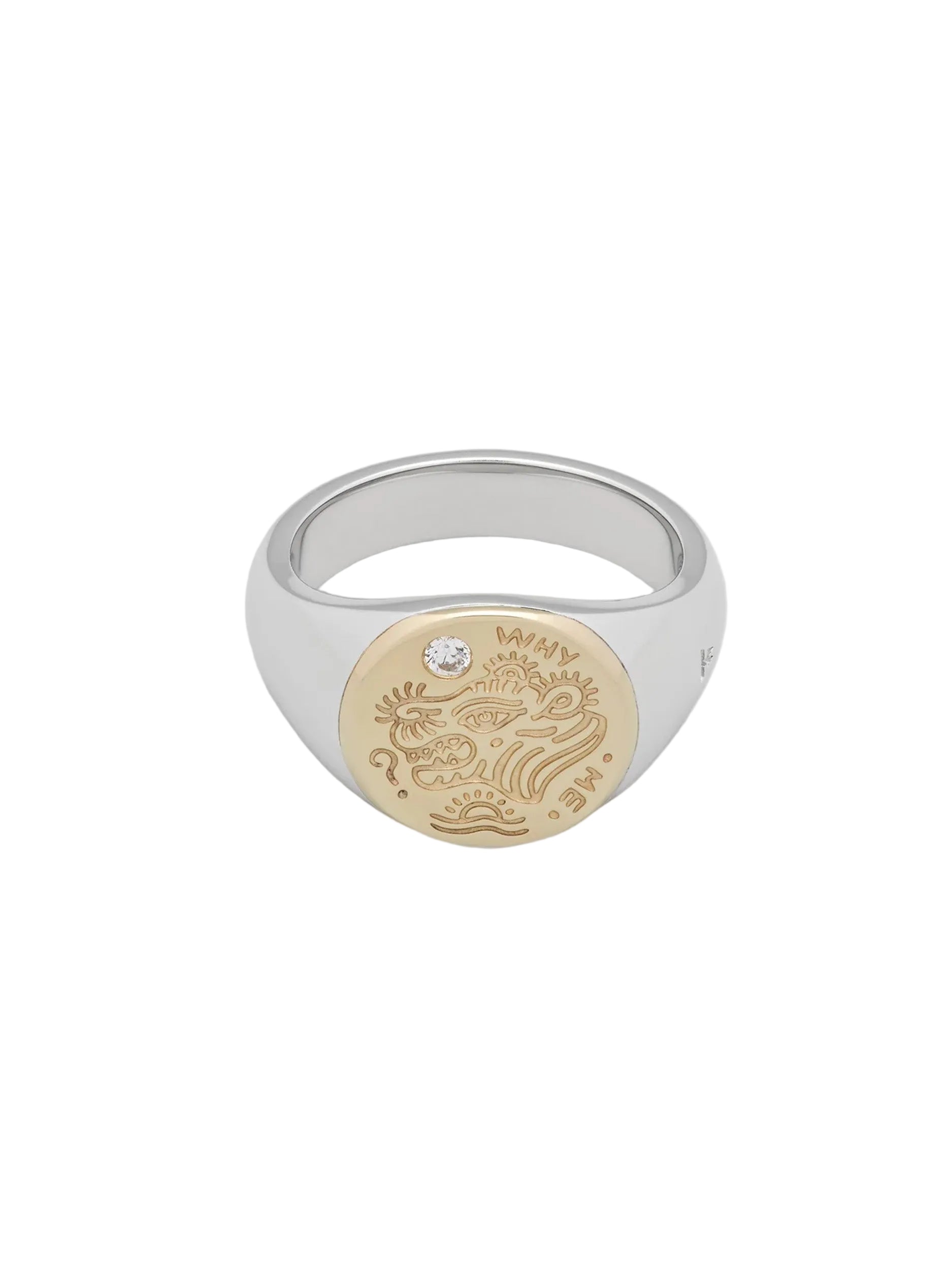 Tom Wood Why Me Ring Gold in sterling silver with engraved 9K gold face and diamond