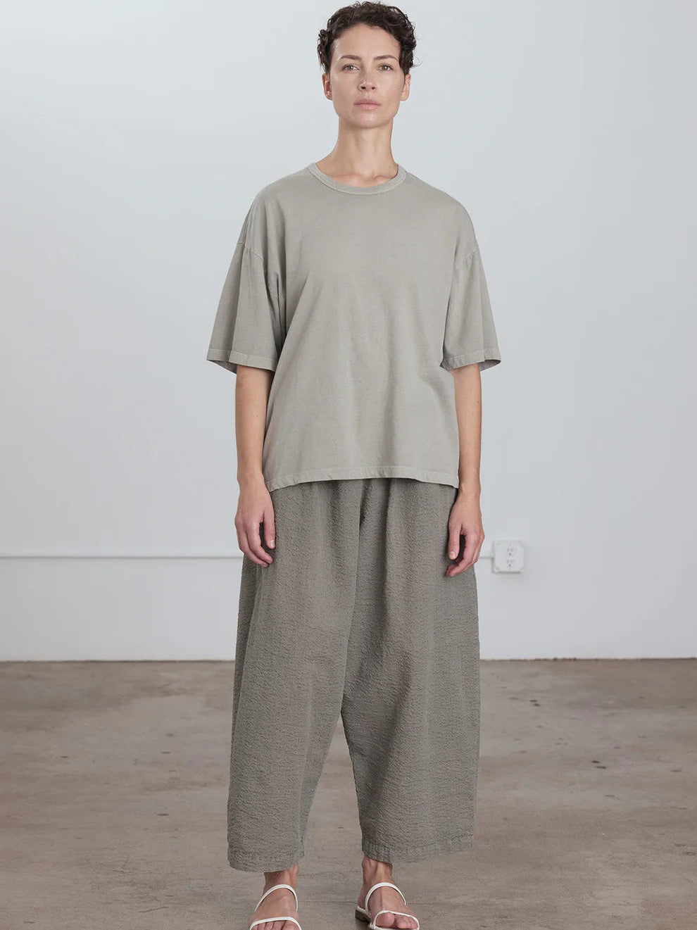Black Crane Wide Short Sleeve Tee in Grey - full length view on model showing oversized fit and dropped shoulder