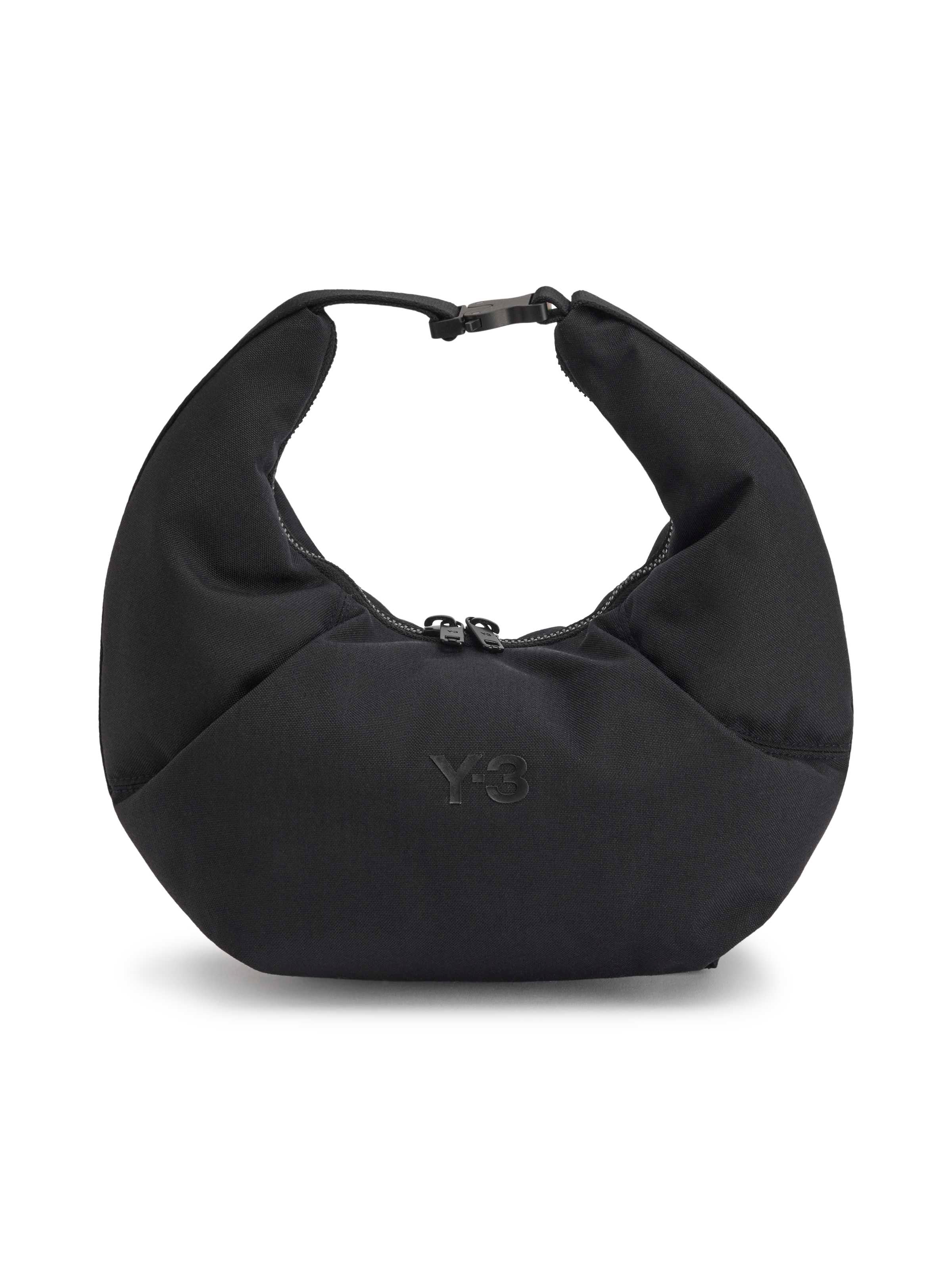 Y-3 Crescent Bag in Black, front view, sculptural crescent silhouette, plain weave fabric, two-way zip closure, embossed Y-3 logo, gunmetal buckle hardware, tonal black finish