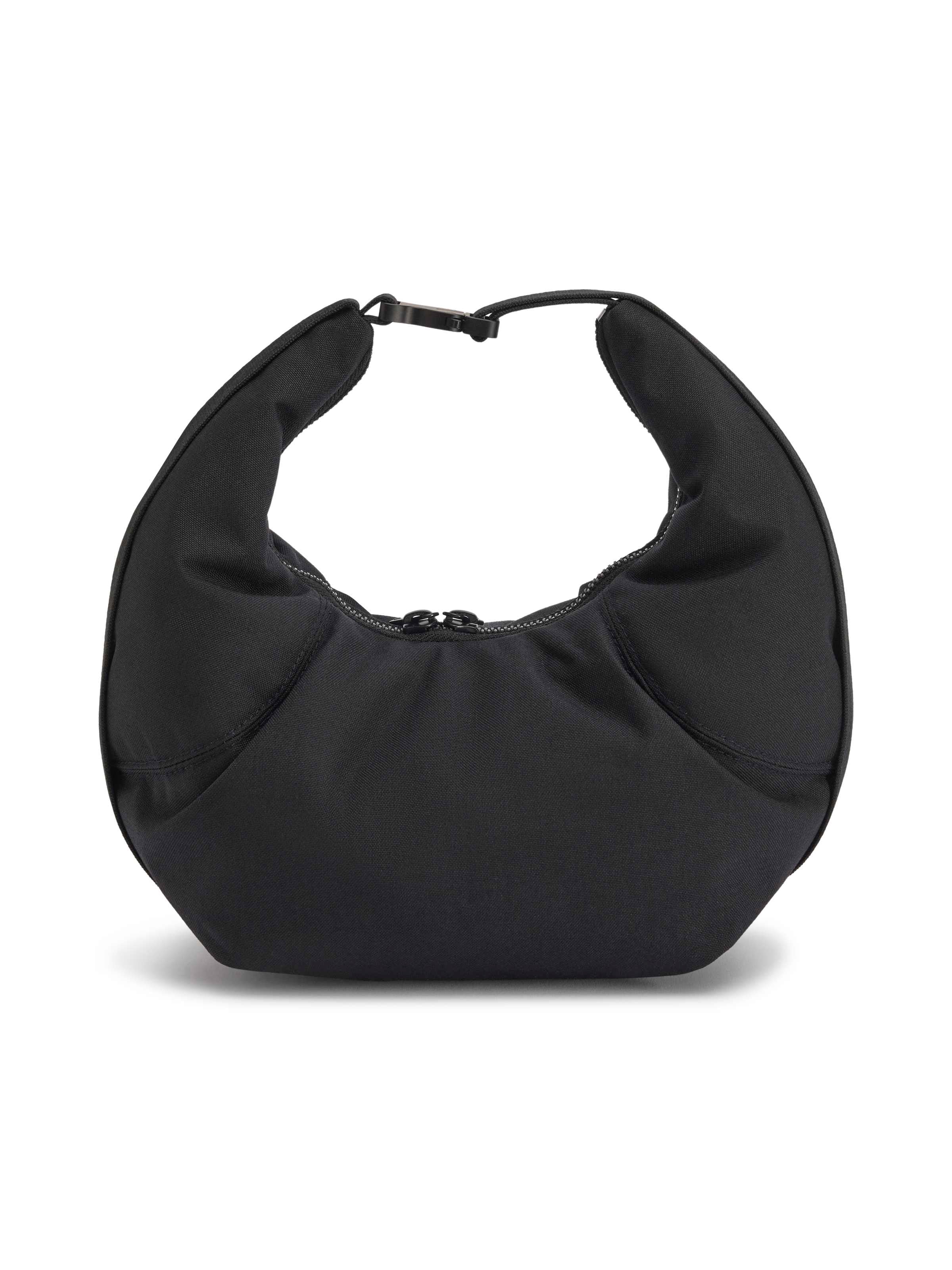 Y-3 Crescent Bag in Black, top-down view, crescent shape, two-way zip opening, webbing strap with gunmetal buckle, plain weave texture