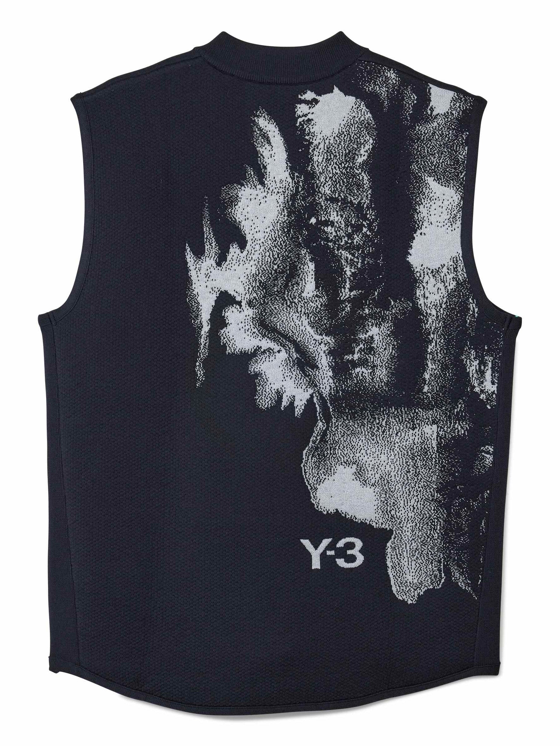 Black running vest with abstract design and Y-3 logo on a white background