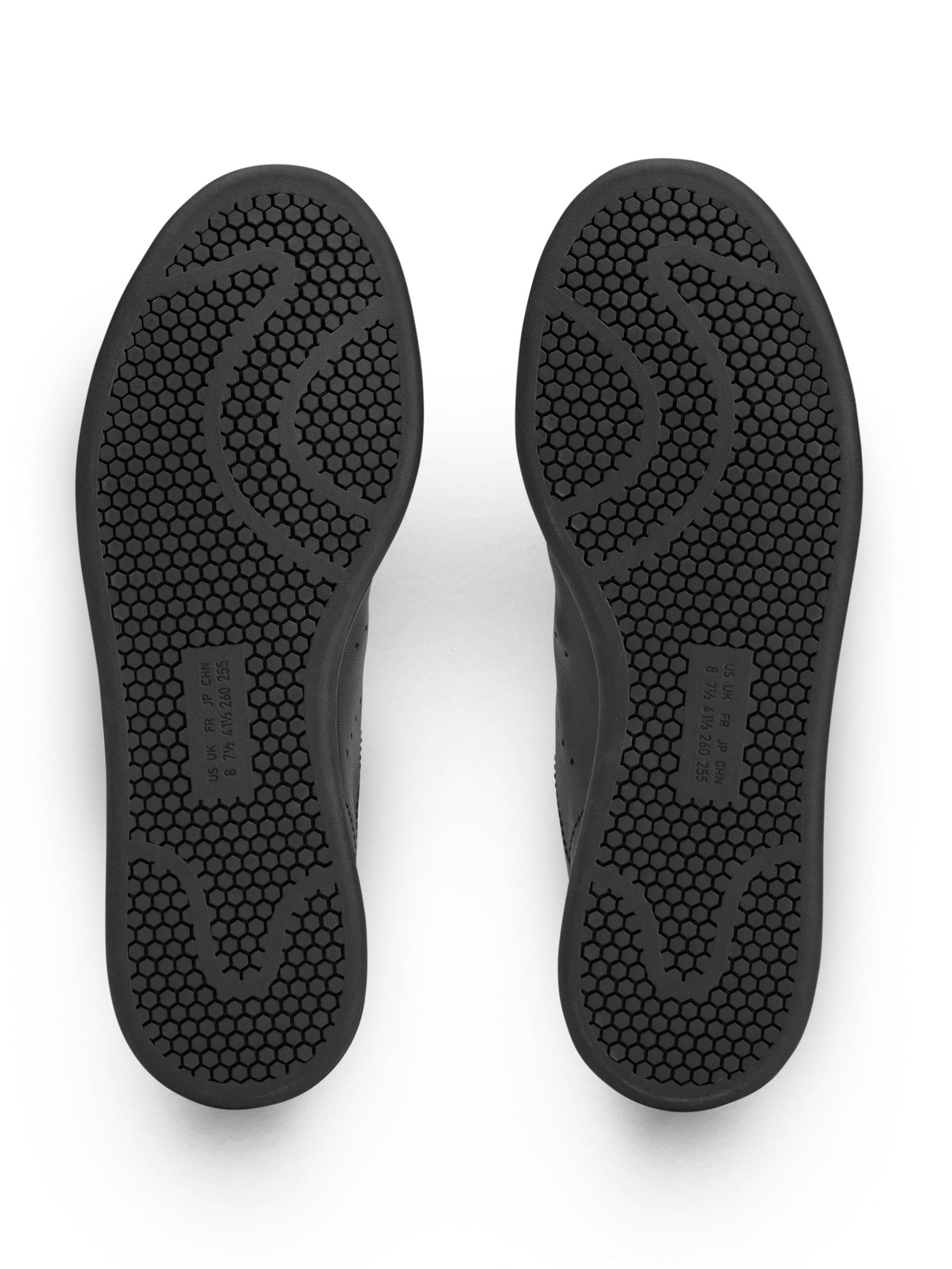 Packshot of the soles of the Y-3 Stan Smith Hook-and-Loop Shoes in Black, showing the tread pattern and rubber construction.