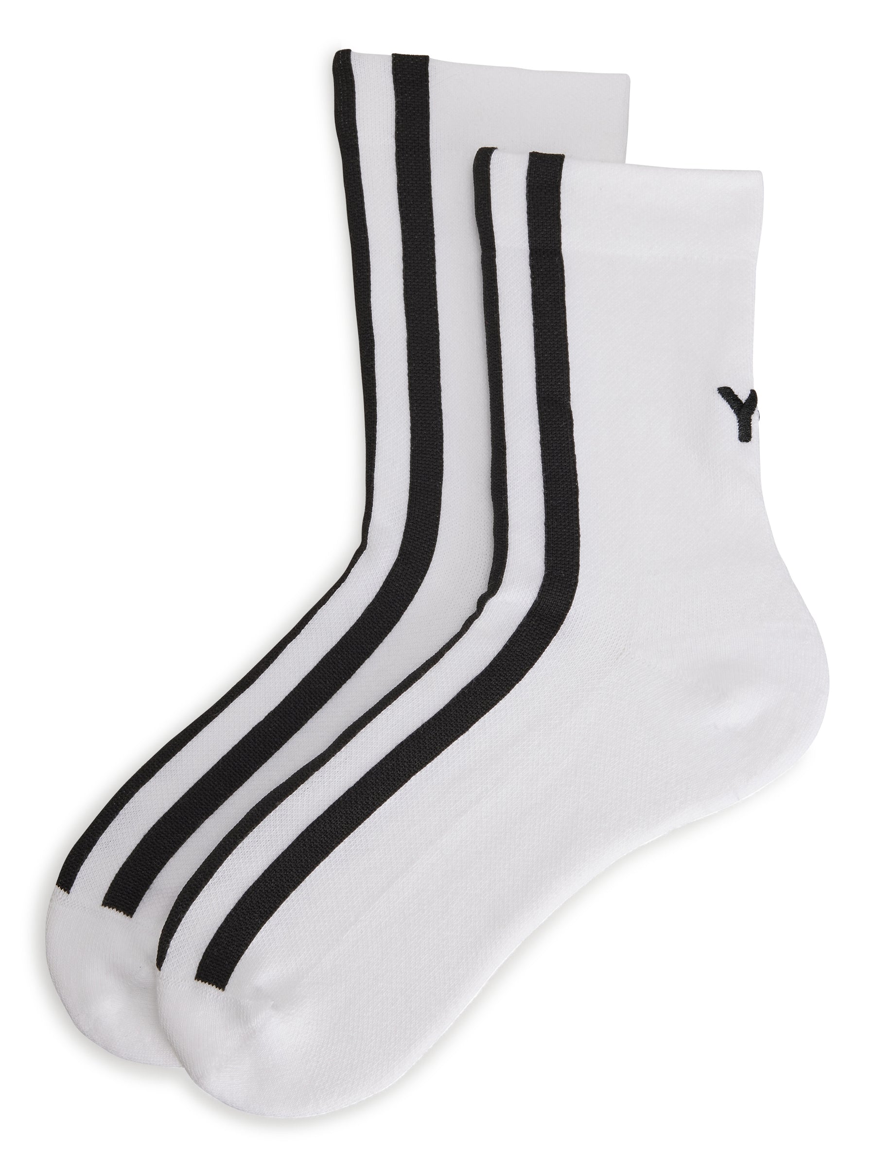 Side packshot of the Y-3 Stripes Socks in White, showing the crew-length design, knit texture, engineered 3-Stripes cuff, and Y-3 logo.