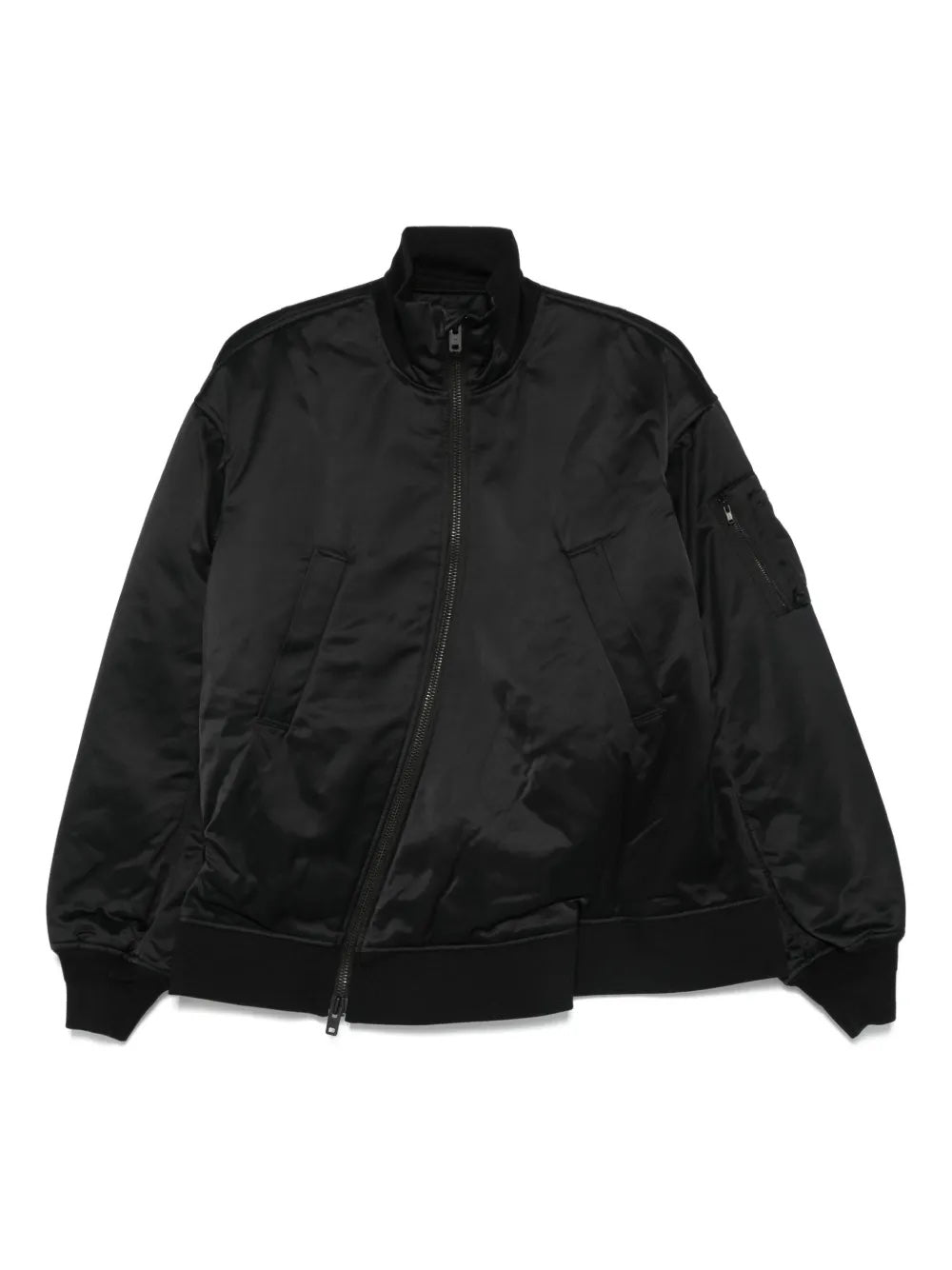 Black bomber jacket with asymmetrical zipper on a white background