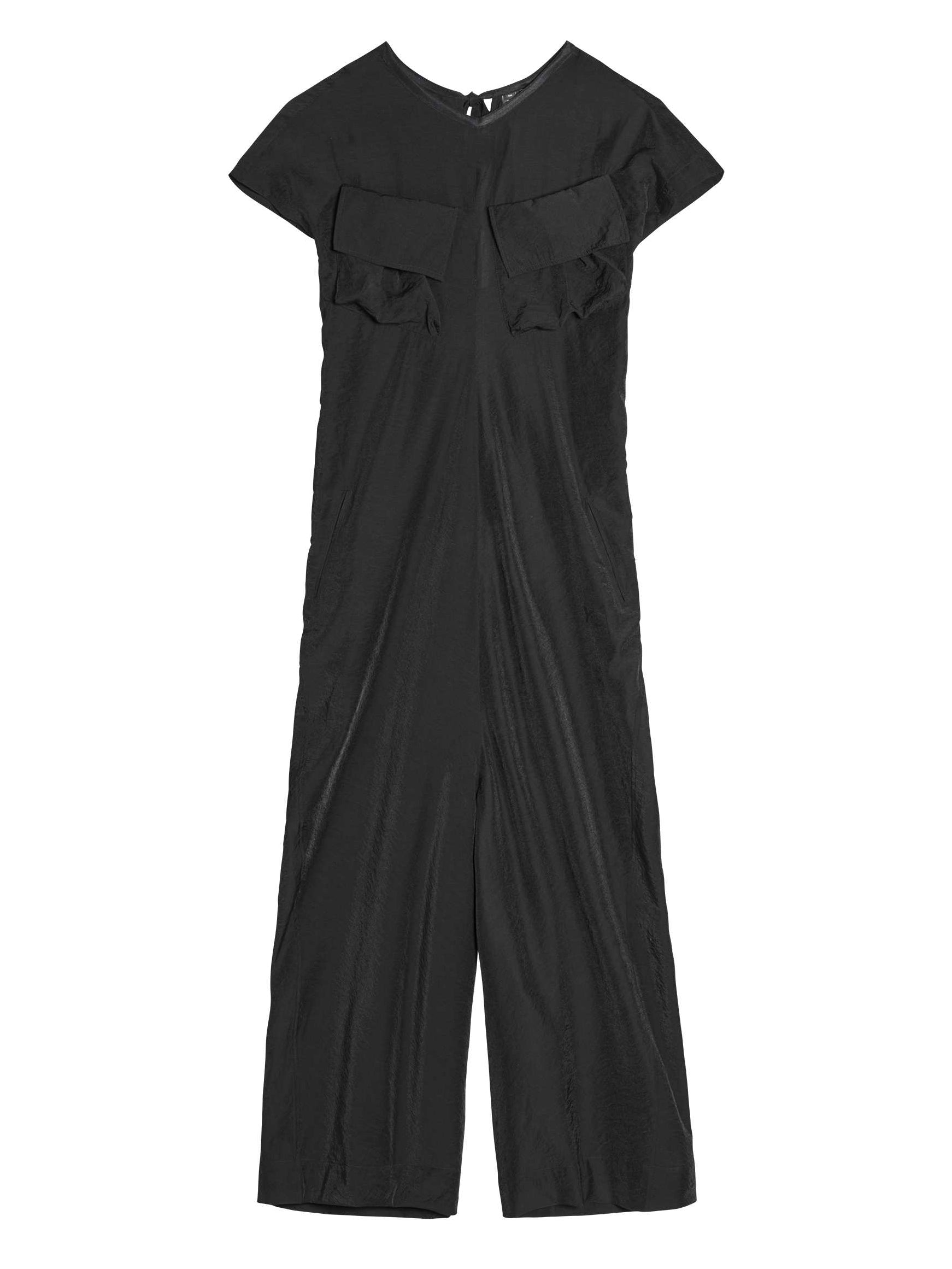 Front packshot of the Y-3 Women’s Utility Dress in Black, showing the loose fit silhouette, plain weave construction, and fluid drape.