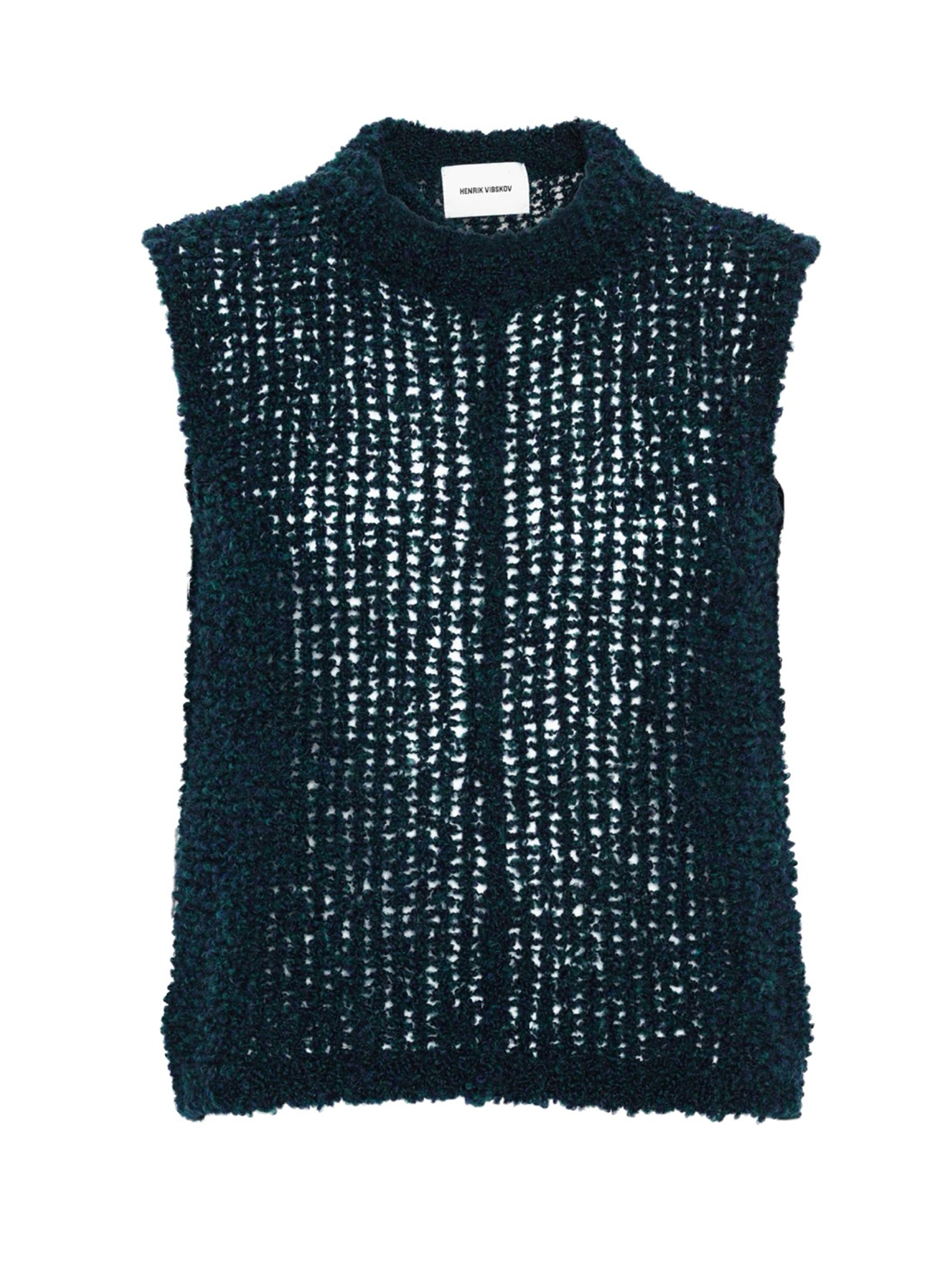 Henrik Vibskov Amphi Vest in Amphi Dark with chunky open-knit construction, front view.