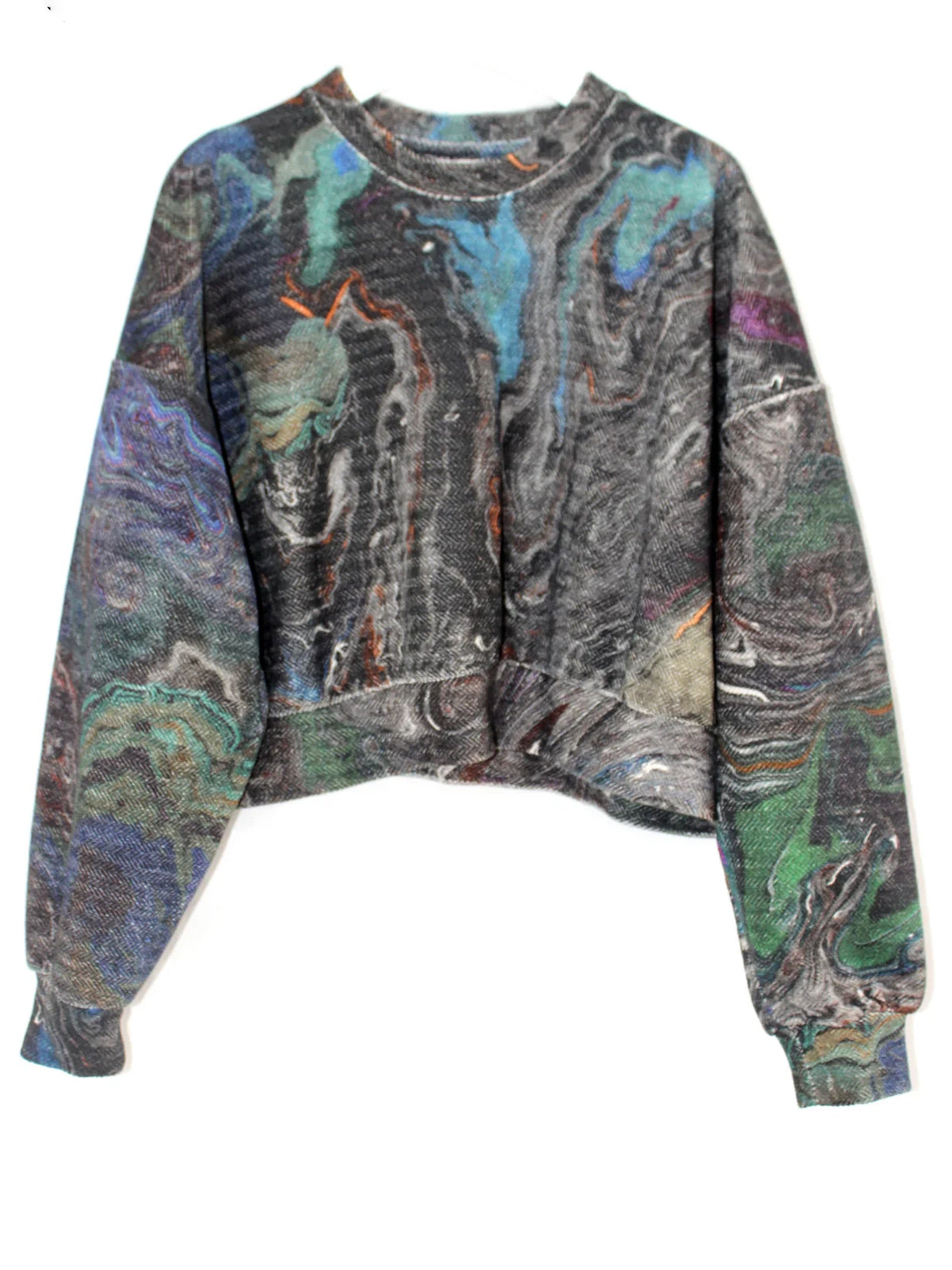 Anntian Short Sweater in Print D, front product view showing the multicolour abstract allover pattern and cropped silhouette.