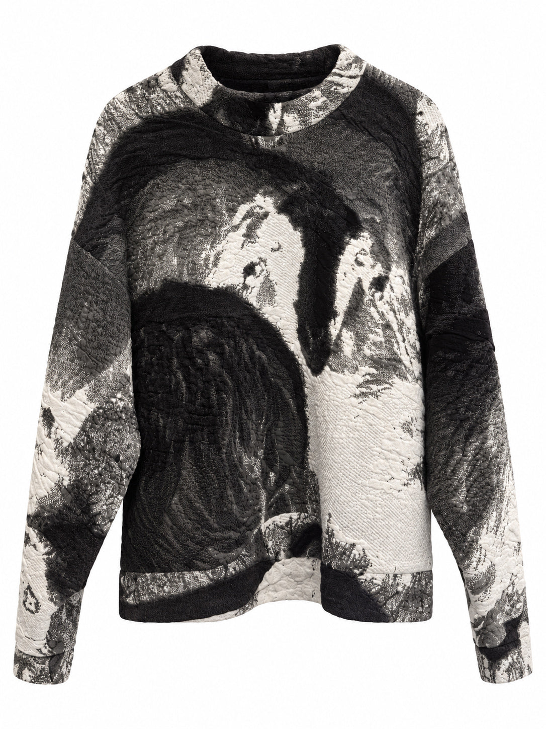 Anntian Sweater Unisex Knitted Sheeps, front product view showing the black, white and grey textured sheep motif and long sleeves.