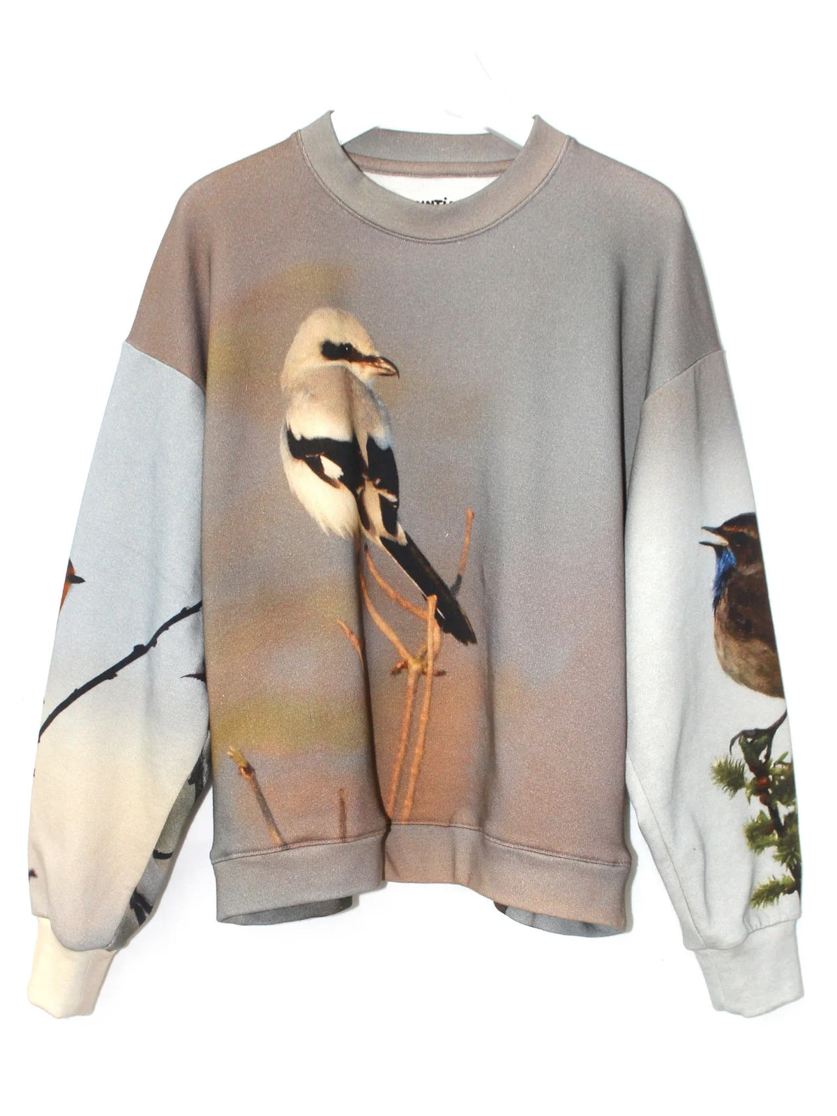 Anntian Unisex Sweater in Print A, front product view showing the photographic bird print, round neckline and long sleeves.