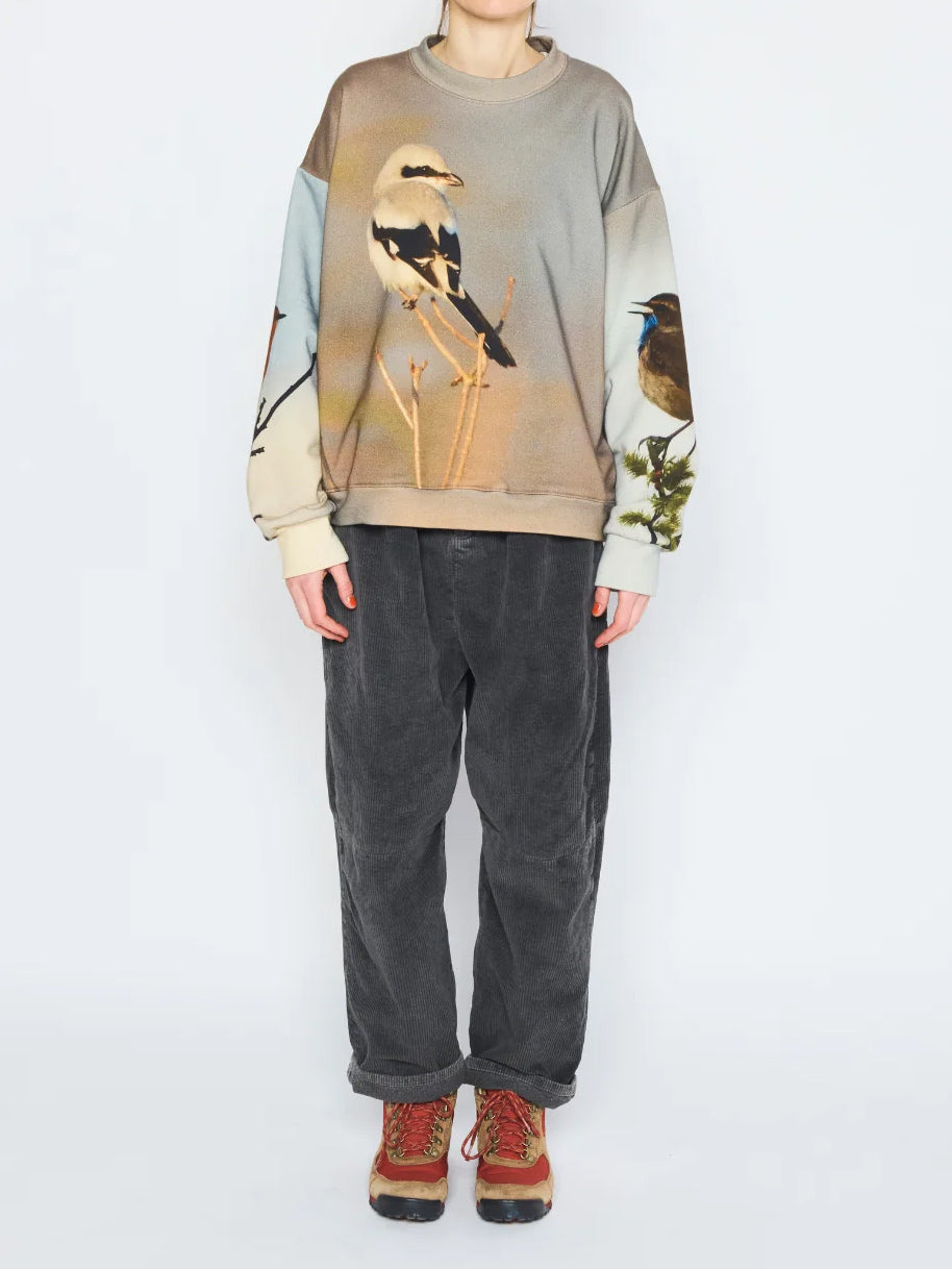 Anntian Unisex Sweater in Print A worn on model from the front, showing the relaxed silhouette and allover bird print.