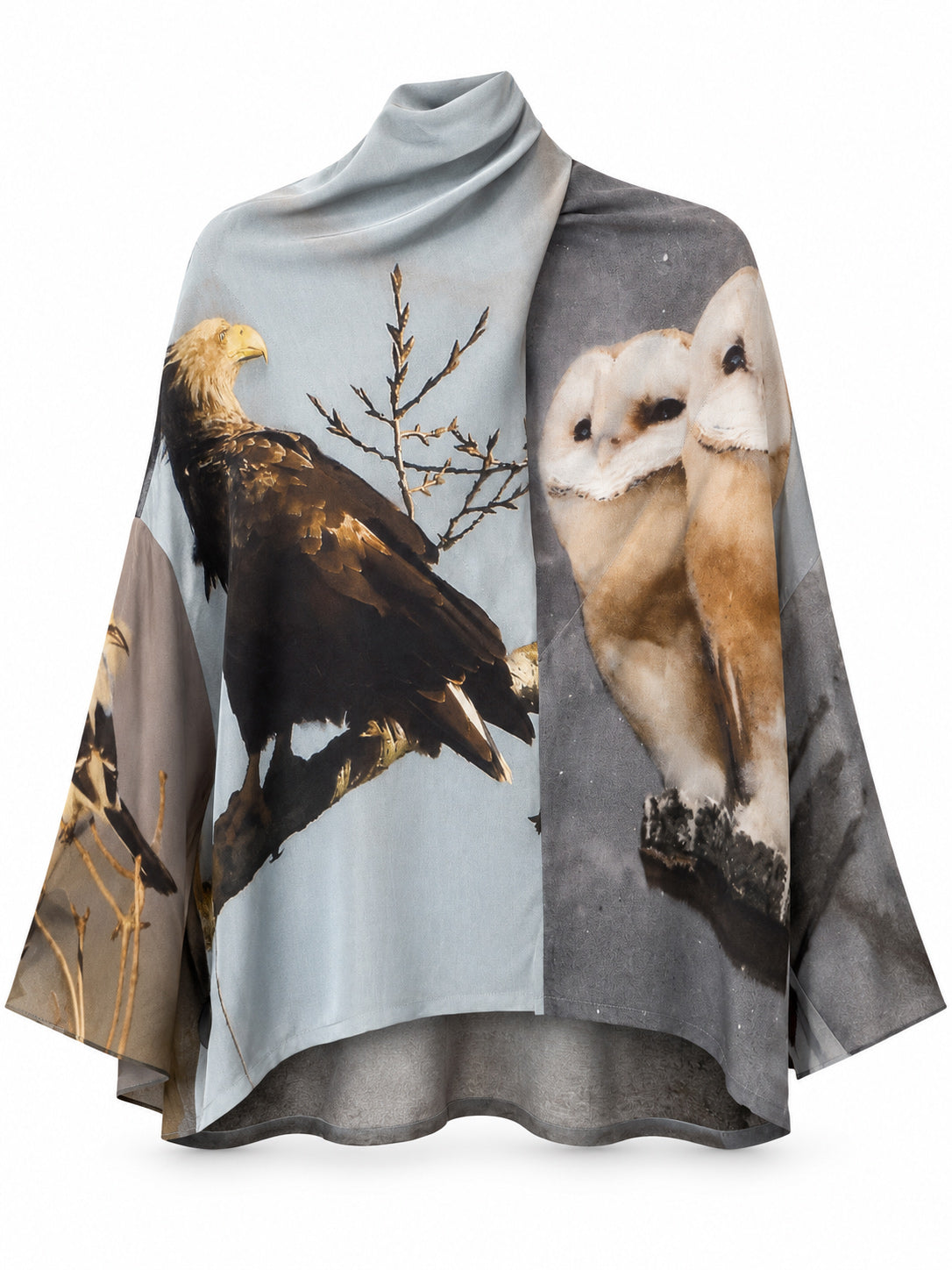 Anntian Wrap Top Print A, front view featuring a draped asymmetric neckline, wide sleeves and photographic bird print with eagle and owls.