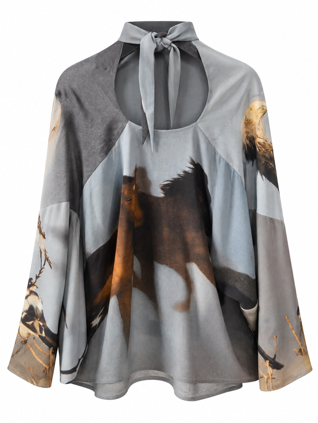 Anntian Wrap Top Print A, back view showing the open back, tie fastening at the neck and photographic bird print.