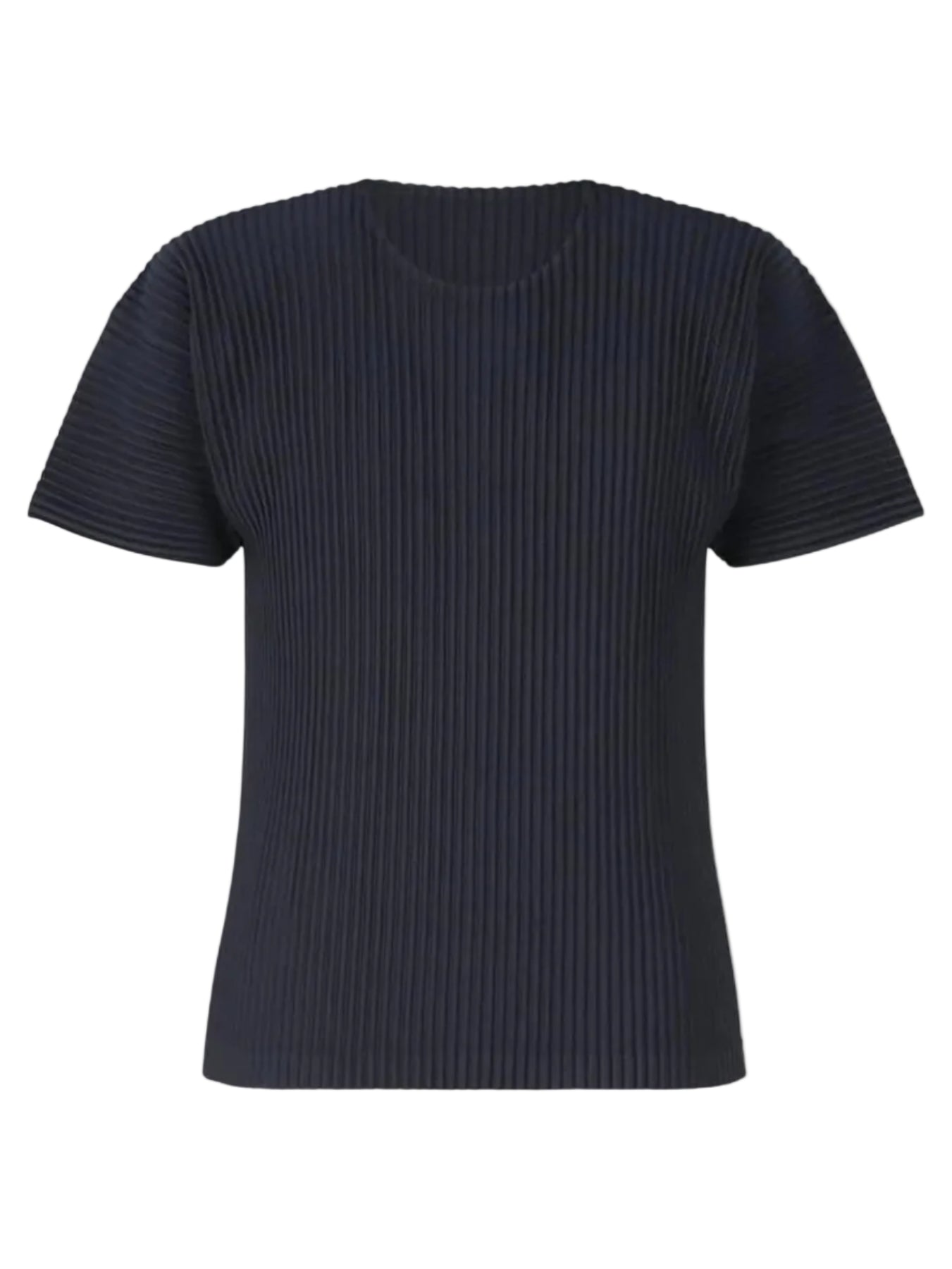 Pleats Please Issey Miyake April SS26 Basic T-Shirt in Navy with signature pleated texture. Designer ID: HP67JK521.