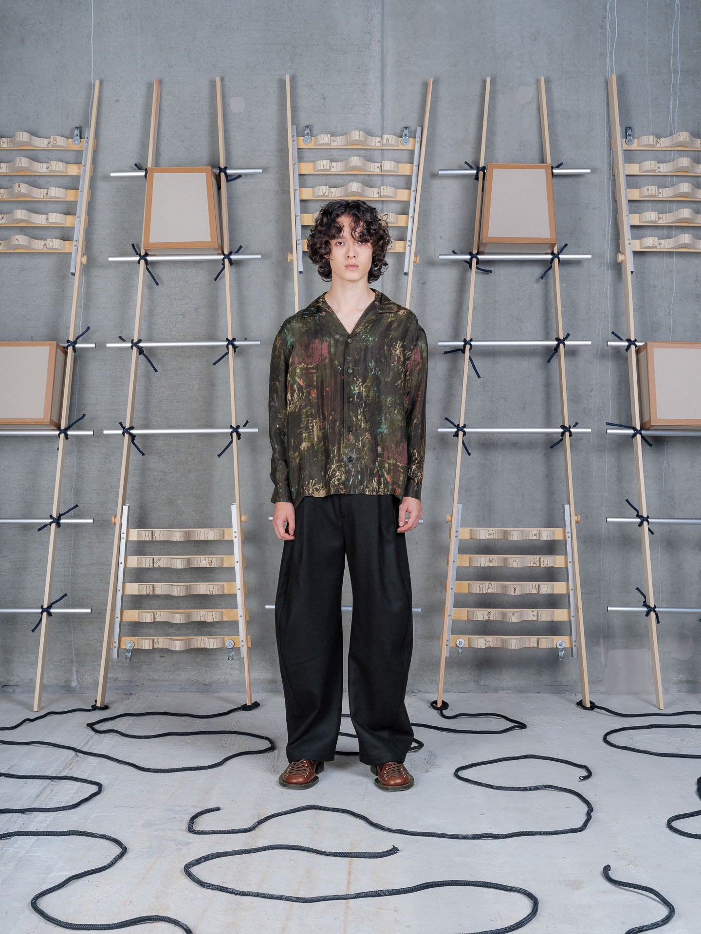 Model wearing Henrik Vibskov Artist Shirt LS in Swamp Reflections front view
