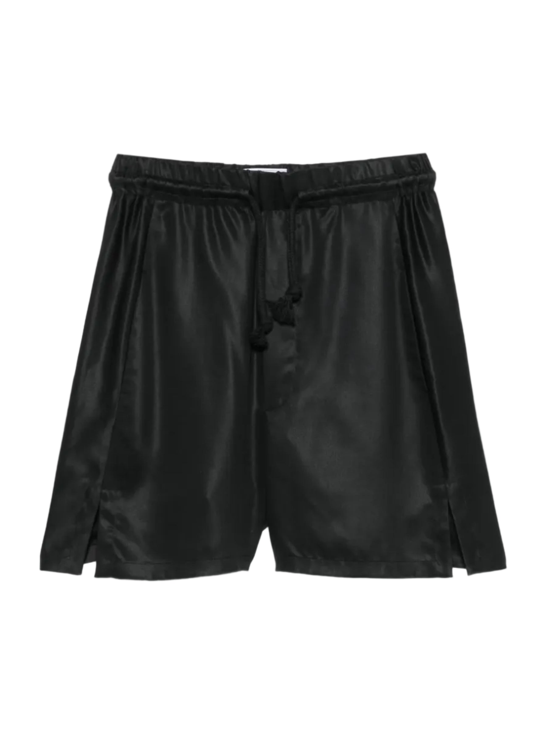 House Of The Very Islands Asher Pants in Black - flat lay showing satin-finish shorts with elasticated waistband and side slits