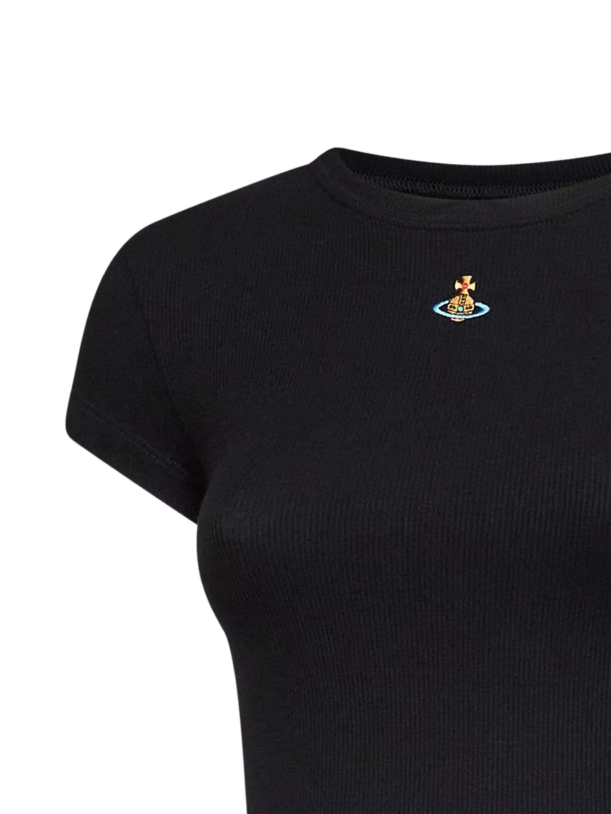 Close-up of Vivienne Westwood Baby Peru' T-Shirt featuring embroidered orb detail
