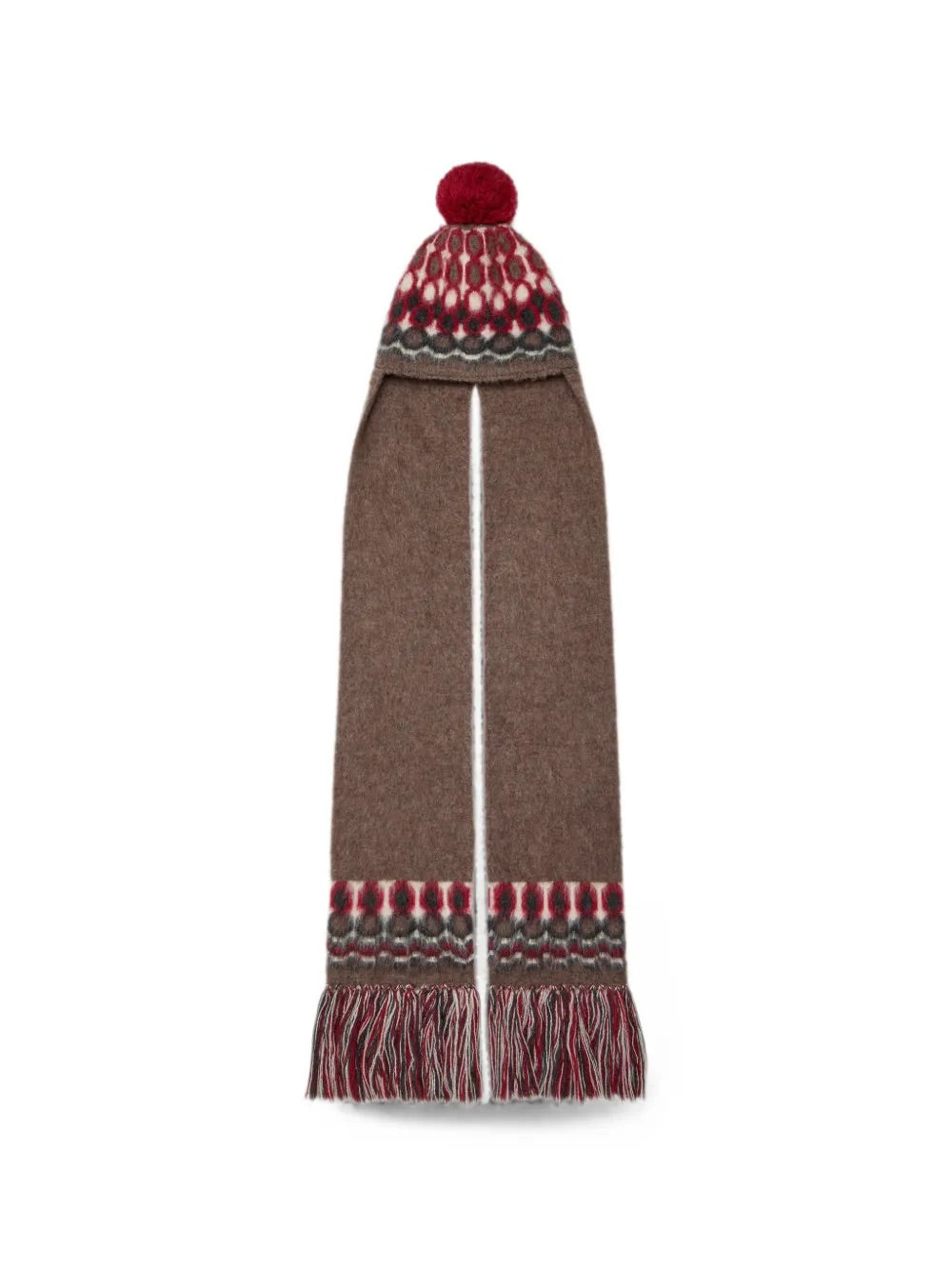 Maison Margiela Beanie in Brown/Charcoal/Ecru/Dark Red with Fair Isle intarsia and long earflaps