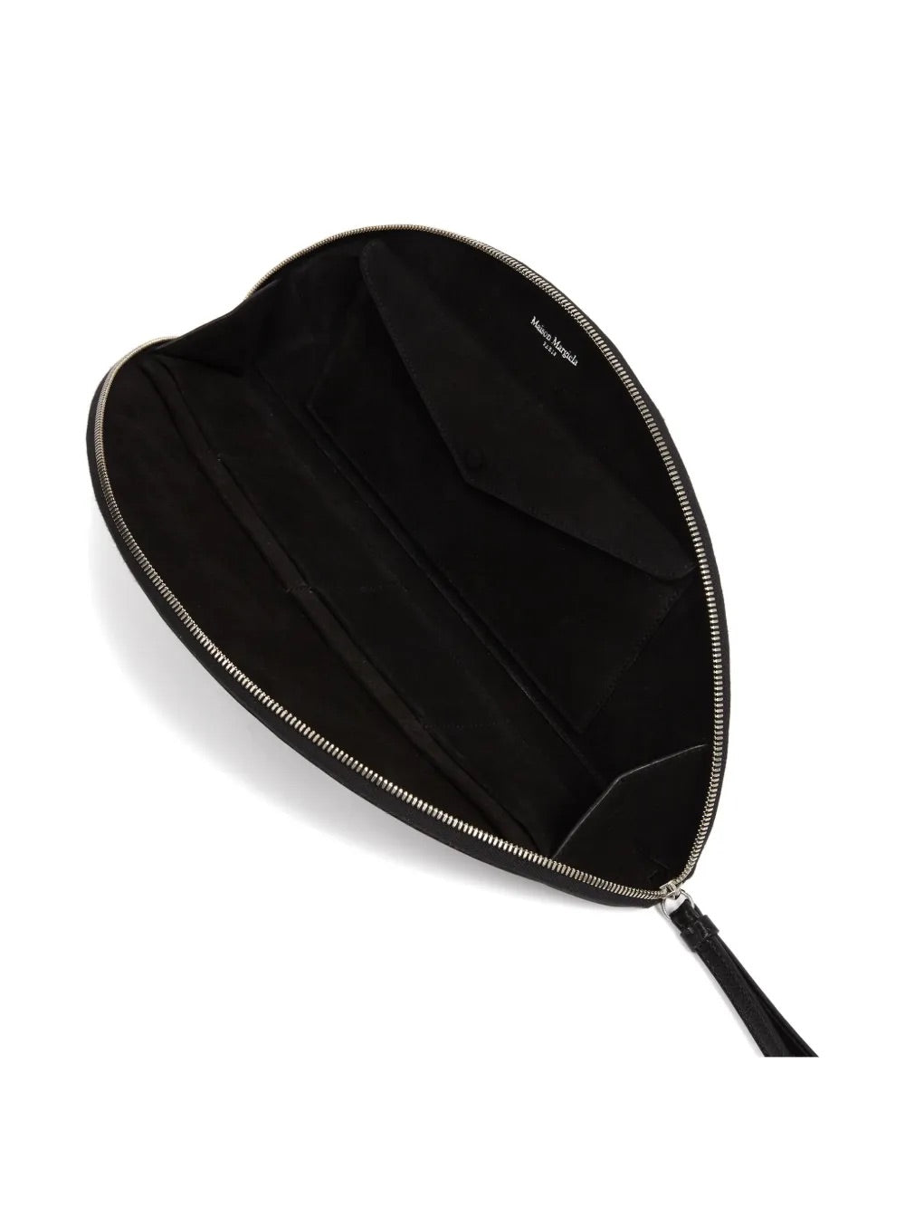 Top-down packshot of the Maison Margiela Big Halfmoon Pouch in Black with the zip open, revealing the internal slip pocket and spacious interior.
