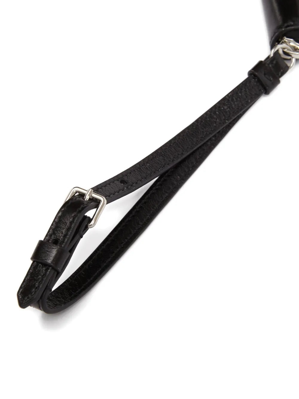 Detailed packshot of the wrist strap on the Maison Margiela Big Halfmoon Pouch in Black, showing the smooth leather finish and secure attachment for carrying.