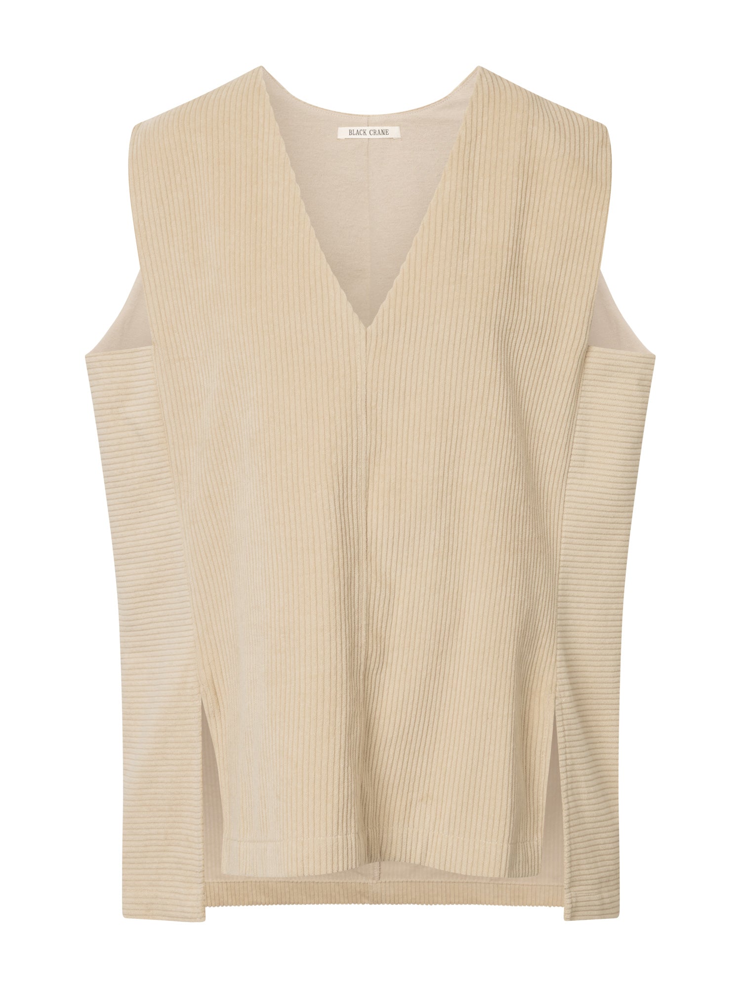 Front view of the Black Crane Corduroy Vest in ivory, featuring off-white corduroy fabric, a loose fit, sleeveless design, V-neck, and small side slits.